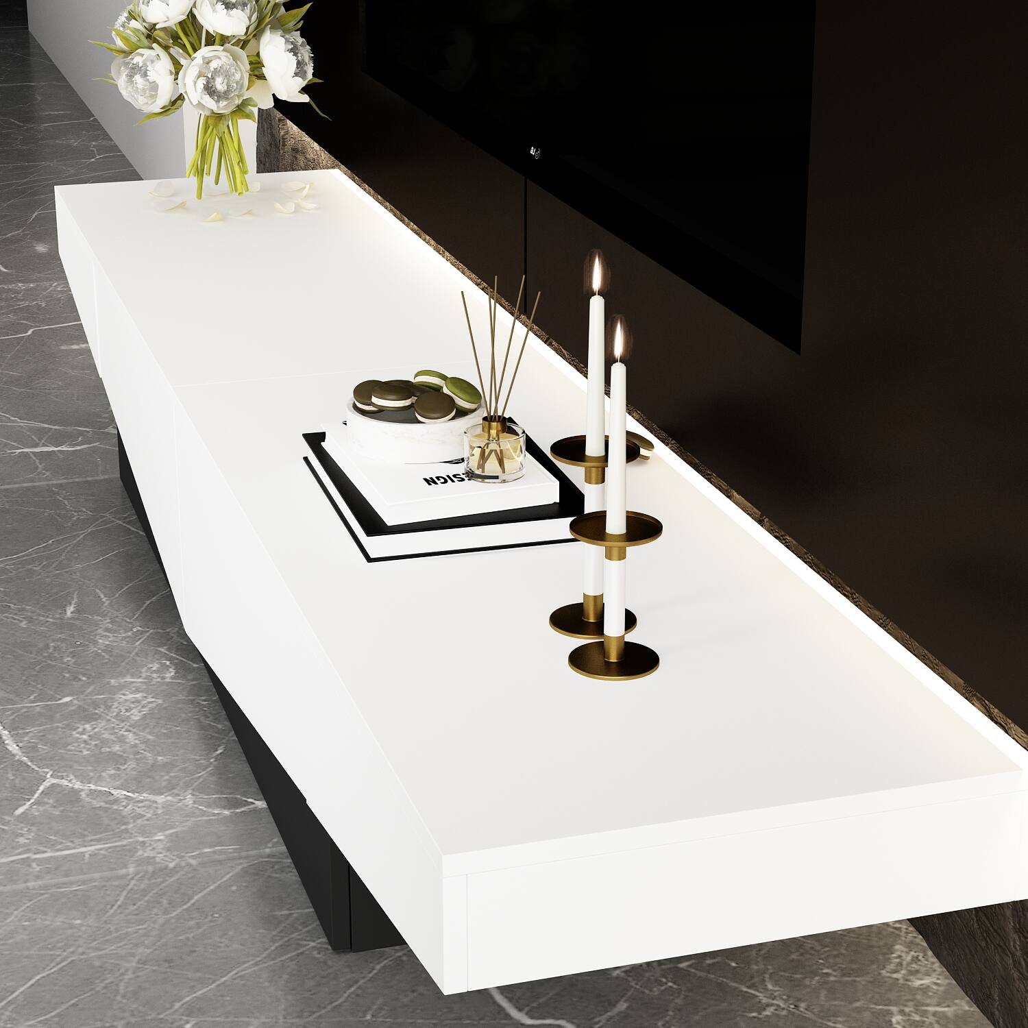 Alt View 8. Famapy - Modern Geometric TV Stand 75", Black & White Low Profile Media Console with Sliding Drawers for Living Room - White.