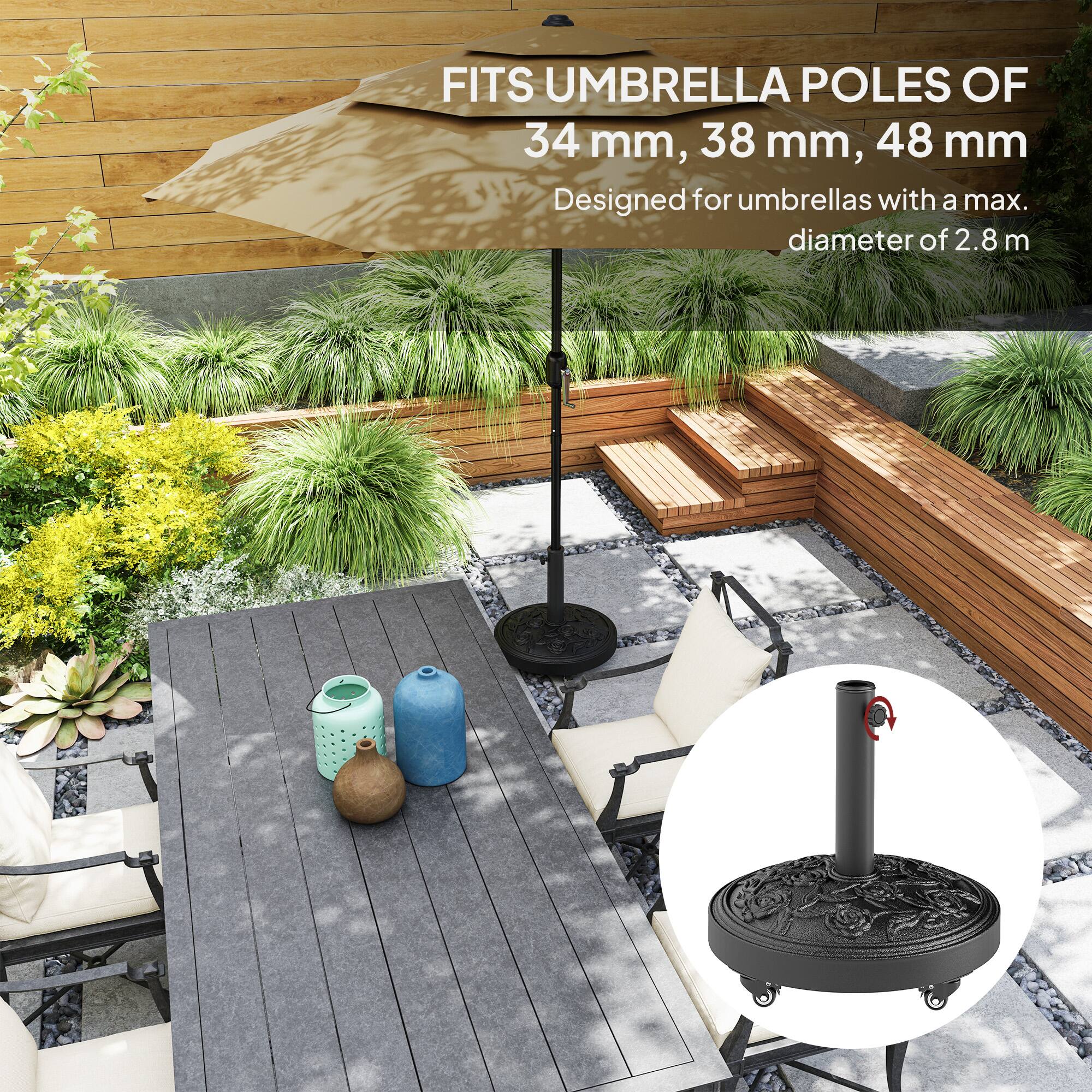 FITS UMBRELLA POLES OF 34 mm, 38 mm, 48 mm
Designed for umbrellas with a max. diameter of 2.8 m