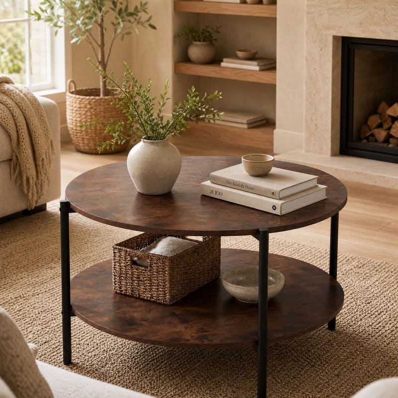 WELLFOR - 2-Tier Industrial Coffee Table with Storage Shelf, Round Accent Table Center Table - Rustic Brown