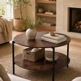 WELLFOR - 2-Tier Industrial Coffee Table with Storage Shelf, Round Accent Table Center Table - Rustic Brown