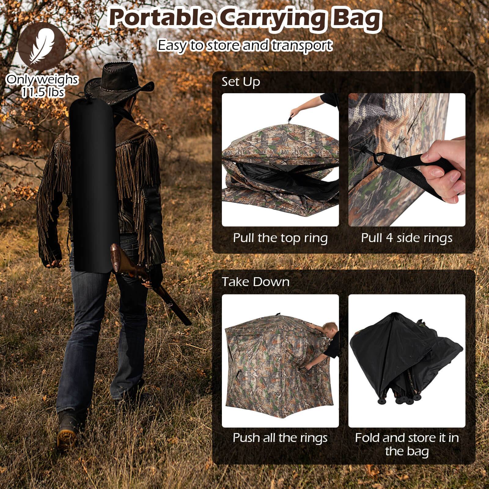 Portable Carrying Bag  
Easy to store and transport  
Only weighs 11.5 lbs  

Set Up  
- Pull the top ring  
- Pull 4 side rings  

Take Down  
- Push all the rings  
- Fold and store it in the bag