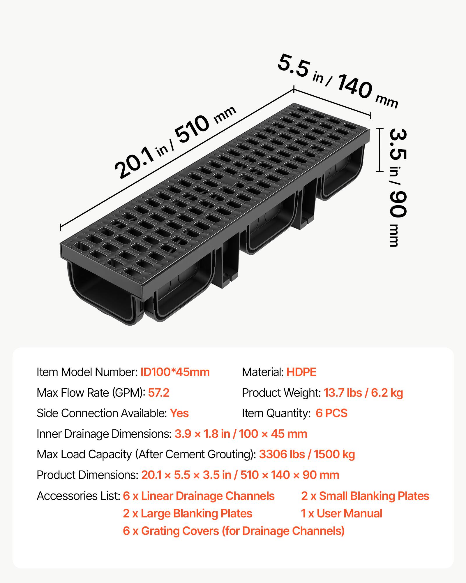 mm I 510 in 20.1 5.5 in I 140 mm 1 F 3.5 3.5 in/90 in/ 06 mm

Item Model Number: ID100*45mm  
Material: HDPE  
Max Flow Rate (GPM): 57.2  
Product Weight: 13.7 lbs / 6.2 kg  
Side Connection Available: Yes  
Item Quantity: 6 PCS  
Inner Drainage Dimensions: 3.9 x 1.8 in / 100 x 45 mm  
Max Load Capacity (After Cement Grouting): 3306 lbs / 1500 kg  
Product Dimensions: 20.1 x 5.5 x 3.5 in / 510 x 140 x 90 mm  
Accessories List:  
- 6 x Linear Drainage Channels  
- 2 x Small Blanking Plates  
- 2 x Large Blanking Plates  
- 1 x User Manual  
- 6 x Grating Covers (for Drainage Channels)