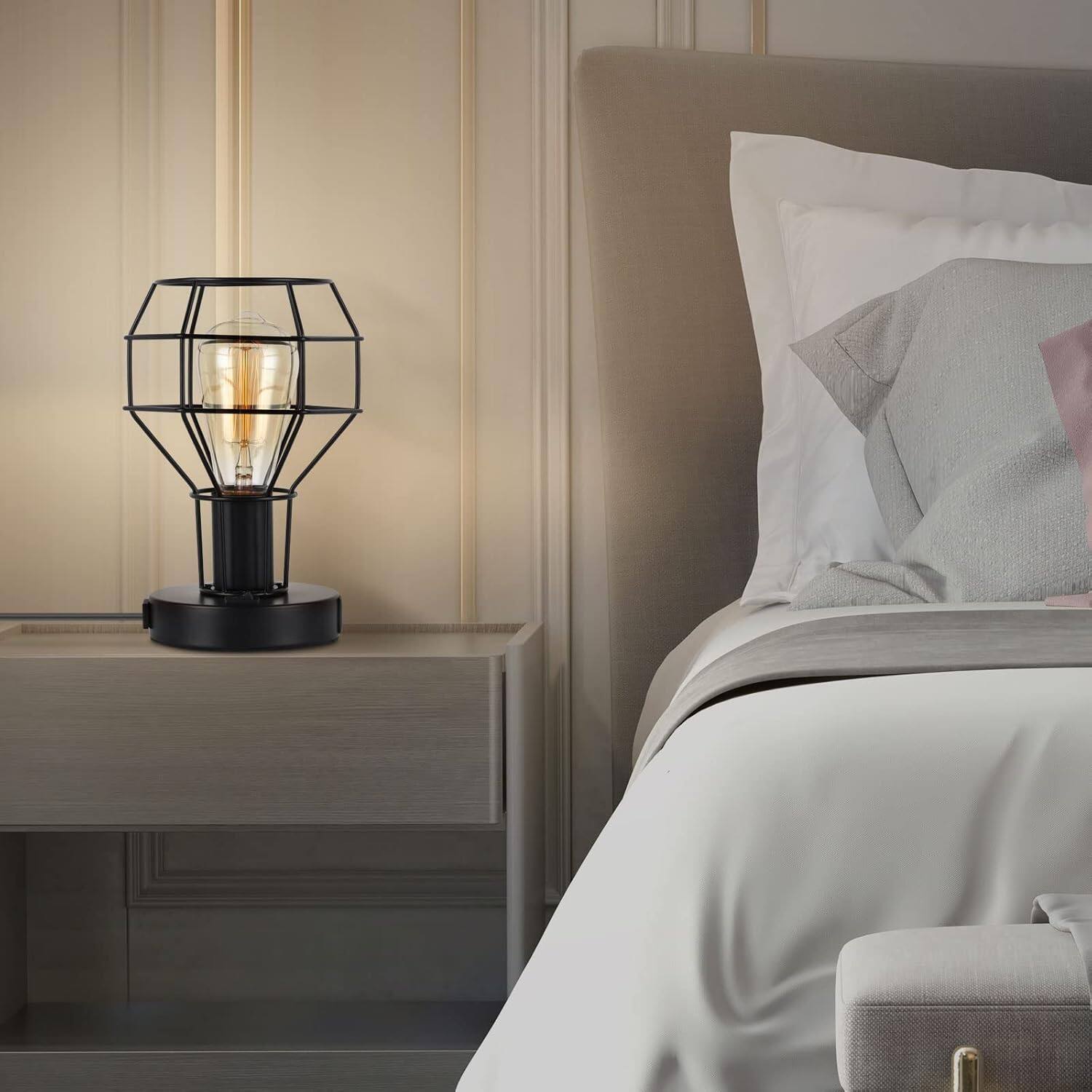 Alt View 2. Oumilen - Industrial Metal Cage Table Lamp with Dual USB Ports & Power Outlet, E26 Socket, 8.66in Tall for Bedroom Living Room.