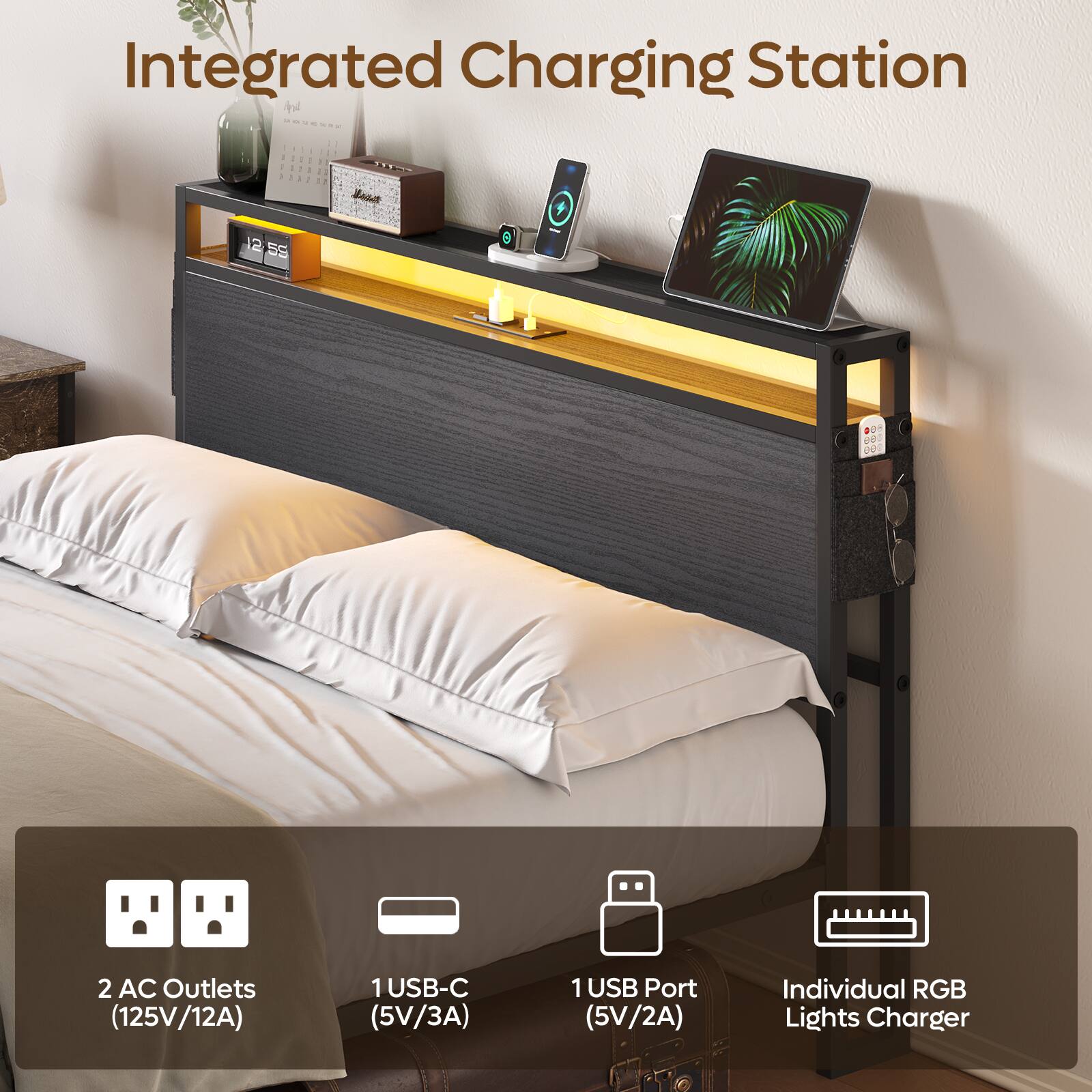 Integrated Charging Station

2 AC Outlets (125V/12A)
1 USB-C (5V/3A)
1 USB Port (5V/2A)
Individual RGB Lights Charger