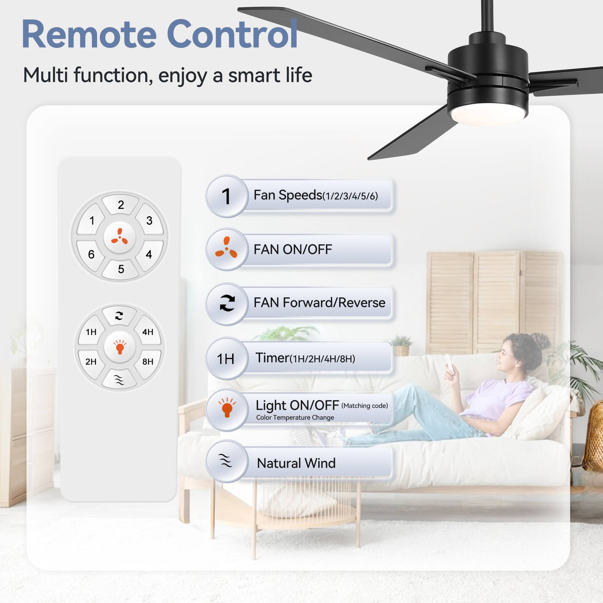 Remote Control Multi function, enjoy a smart life

1. Fan Speeds(1/2/3/4/5/6)
2. FAN ON/OFF
3. FAN Forward/Reverse
4. Timer(1H/2H/4H/8H)
5. Light ON/OFF (Matching code)
6. Color Temperature Change
7. Natural Wind