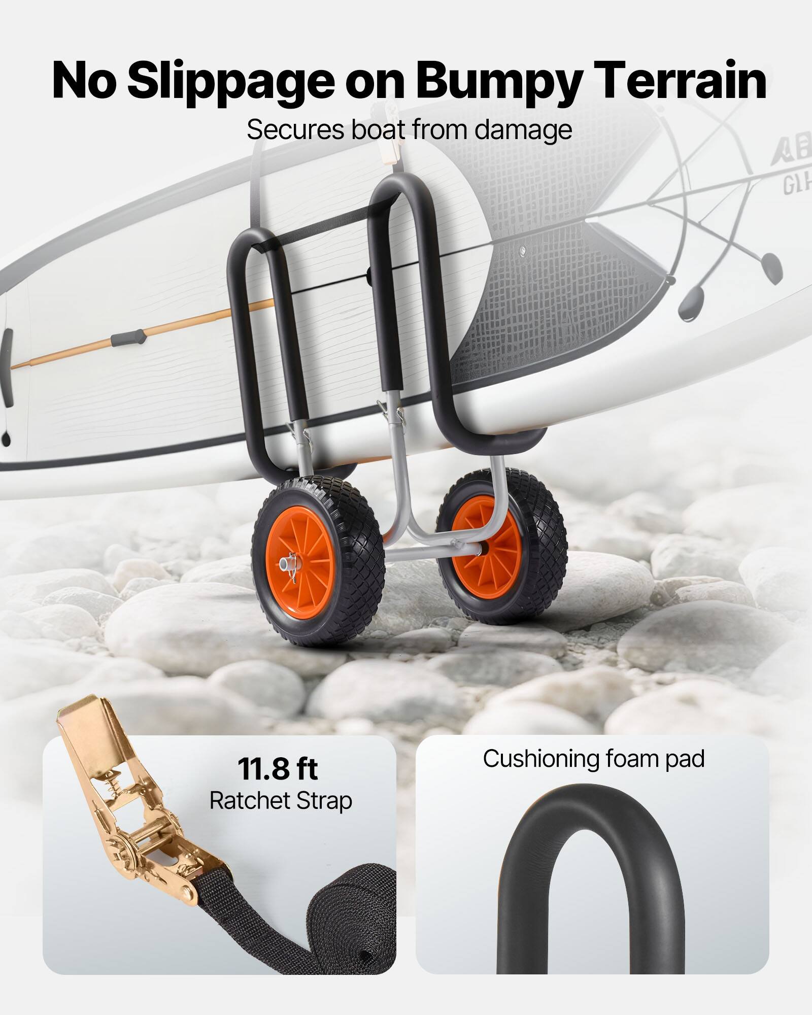 No Slippage on Bumpy Terrain  
Secures boat from damage  

11.8 ft Ratchet Strap  
Cushioning foam pad