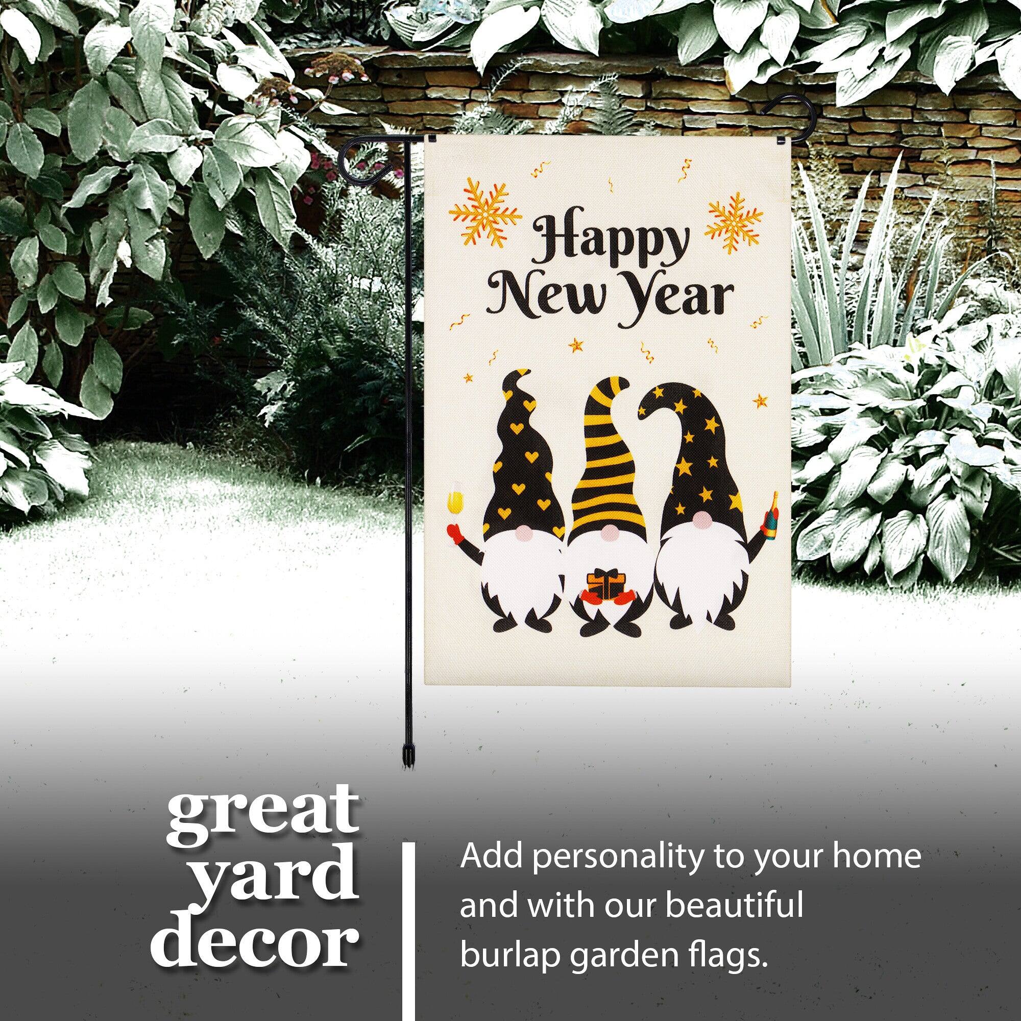 Happy New Year great yard decor. Add personality to your home and with our beautiful burlap garden flags.