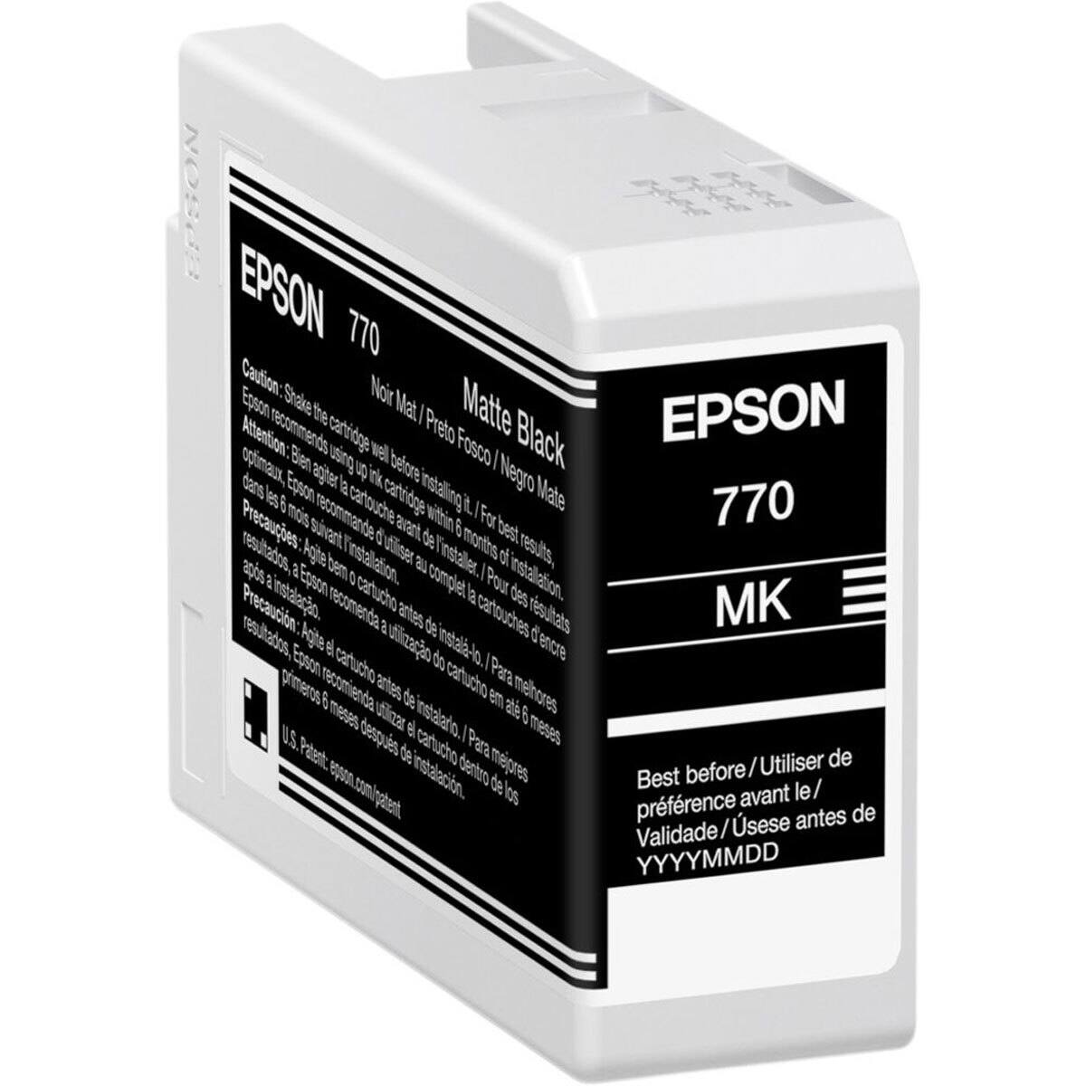 EPSON 770 Matte Black  
Noir Mat / Preto Fosco / Negro Mate  
EPSON Caution: Shake the cartridge well before installing it. For best results, Epson recommends using up ink within 6 months of installation.  
Attention: Bien agiter le cartouche avant de l'installer. Pour de meilleurs résultats, Epson recommande d'utiliser l'encre dans les 6 mois suivant l'installation.  
Precaución: Agite el cartucho antes de instalarlo. Para mejores resultados, Epson recomienda usar la tinta en los primeros 6 meses después de la instalación.  
Best before / Utiliser de préférence avant le / Validezé / Use before YYYYMMDD