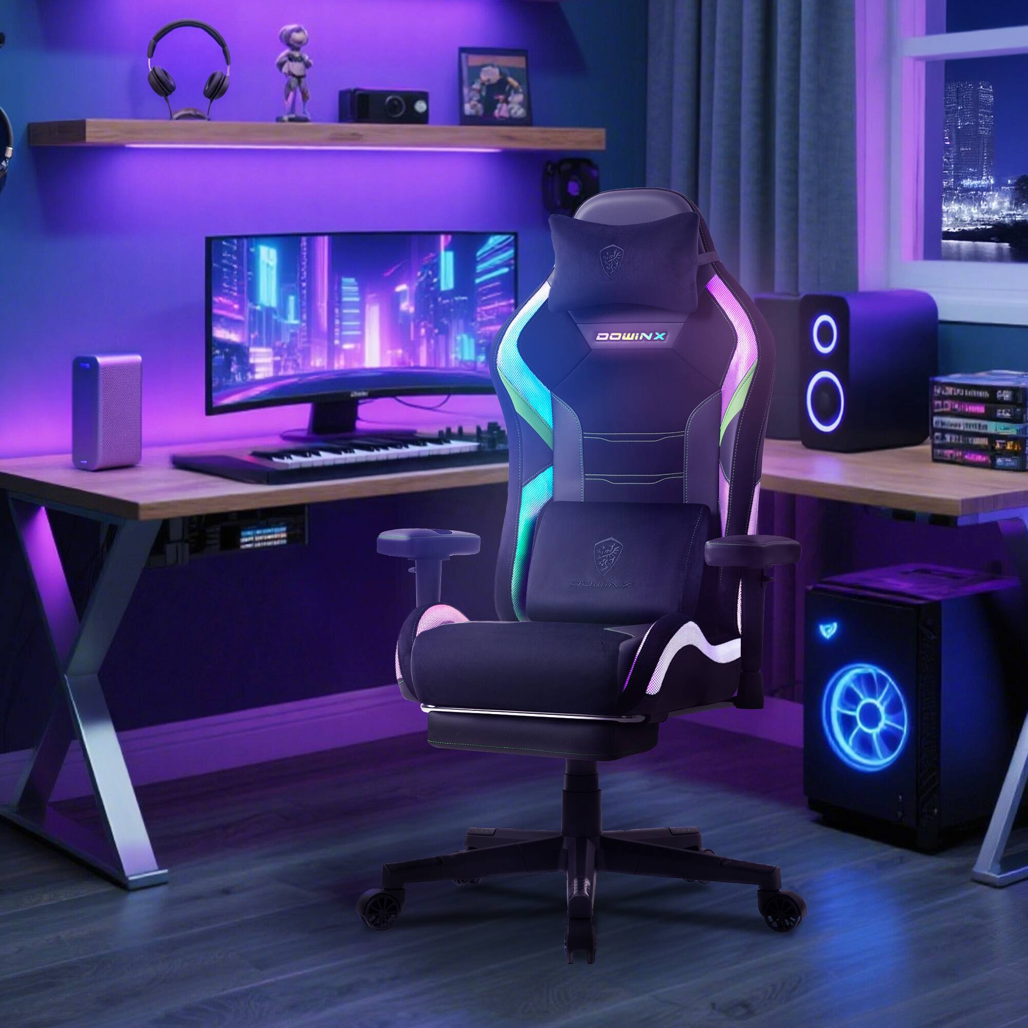 Alt View 3. Dowinx - LED Gaming Chair with Lumbar Support for Big and Tall, 3D Adjustable Armrests&Headrest, RGB Game Chair Fabric - Black Green.