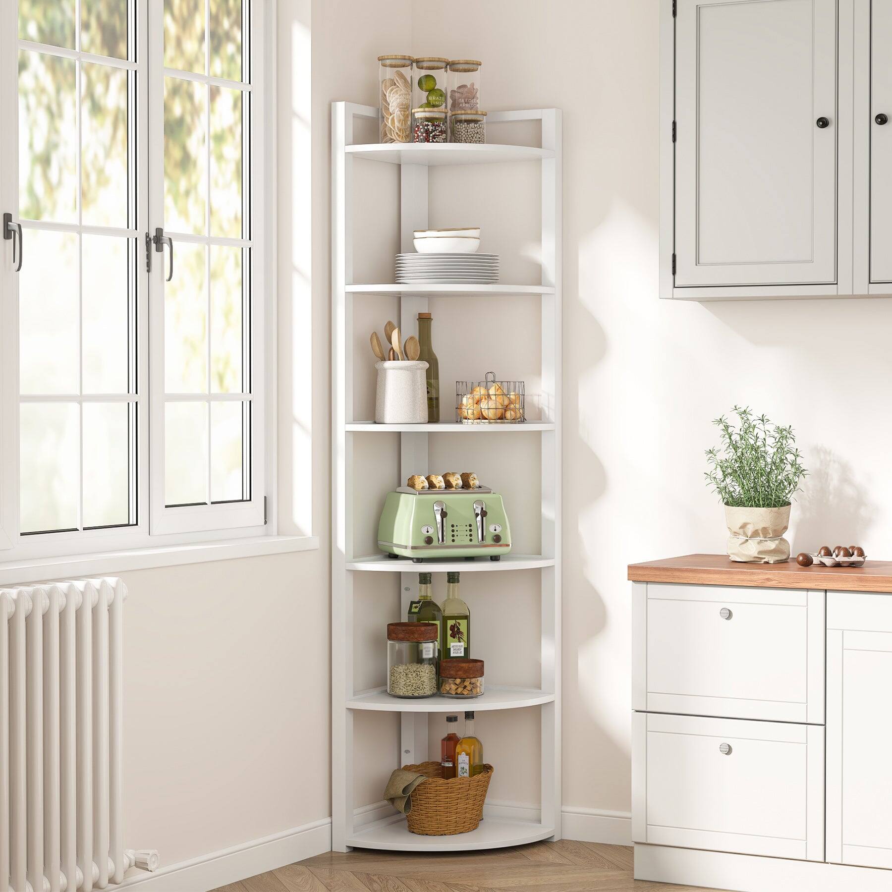 Alt View 2. Tribesigns - Corner Bookshelf with Metal Frame, Storage Shelves and Space-Saving Design for Living Room and Bedroom - White.
