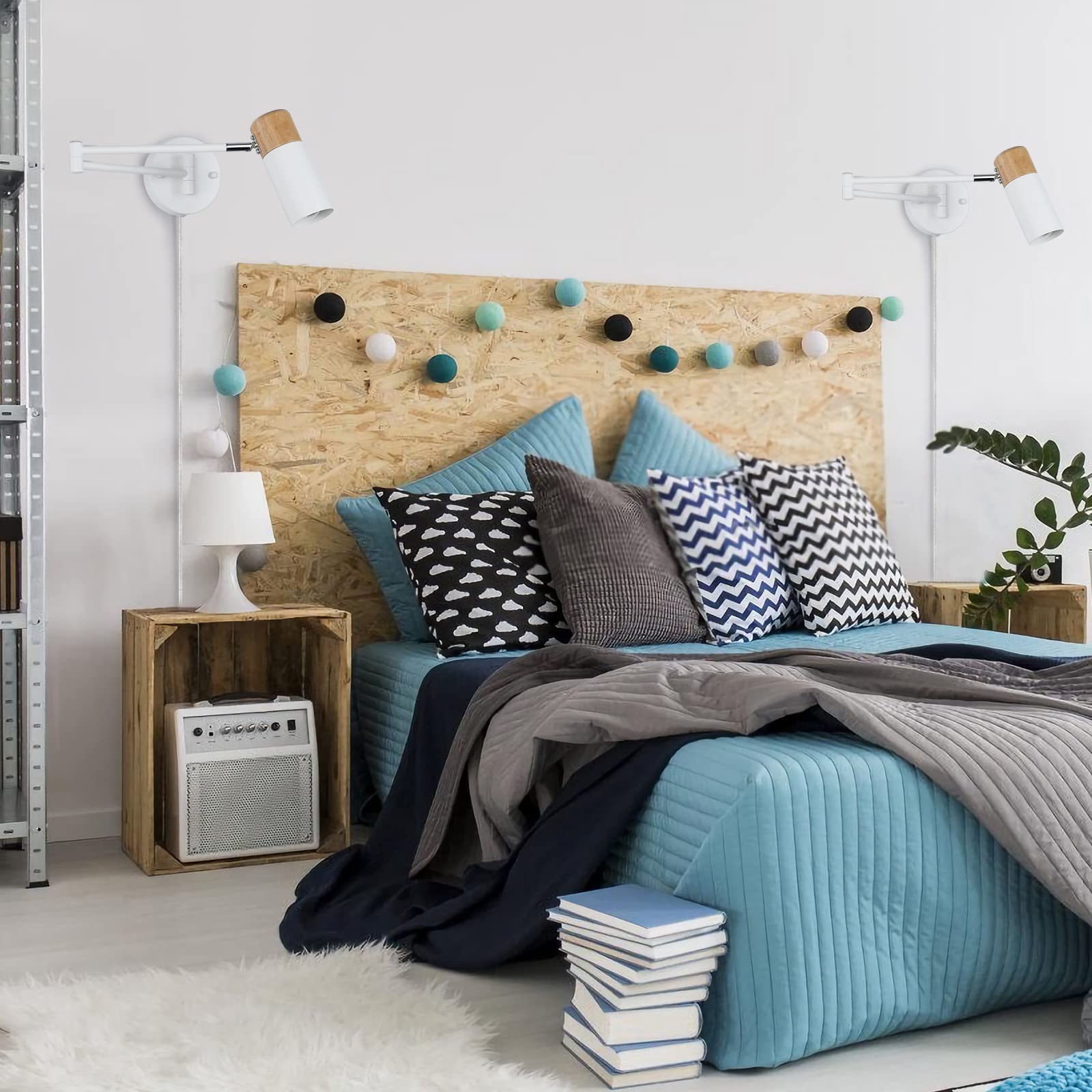 Back. TECH SAFARI - Modern Industrial Swing Arm Wall Lamp With Plug In Cord For Bedroom Living Room Office Rotatable Lampshade - swing white.