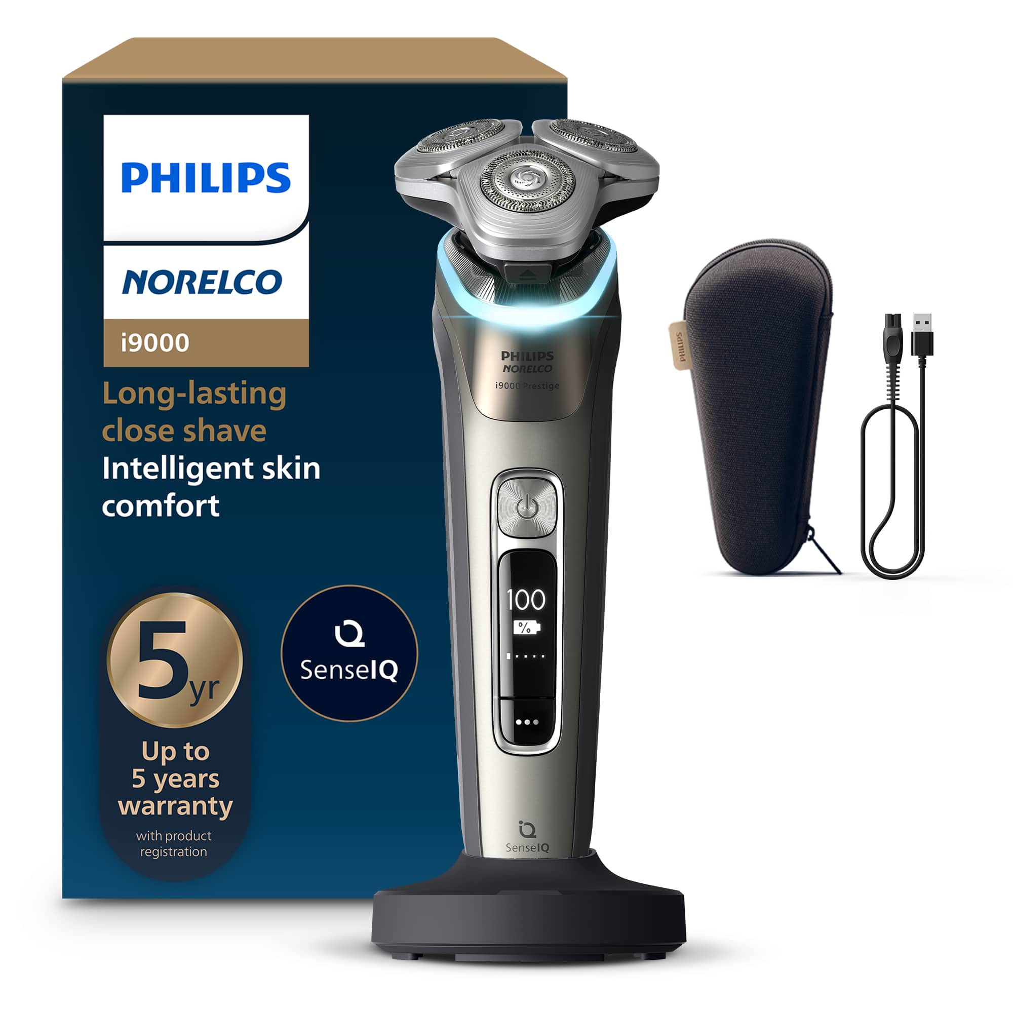 Philips Norelco i9000 Long-lasting close shave Intelligent skin comfort 1900 Prestige SenselQ 100% 5 yr Up to 5 years warranty with product registration
