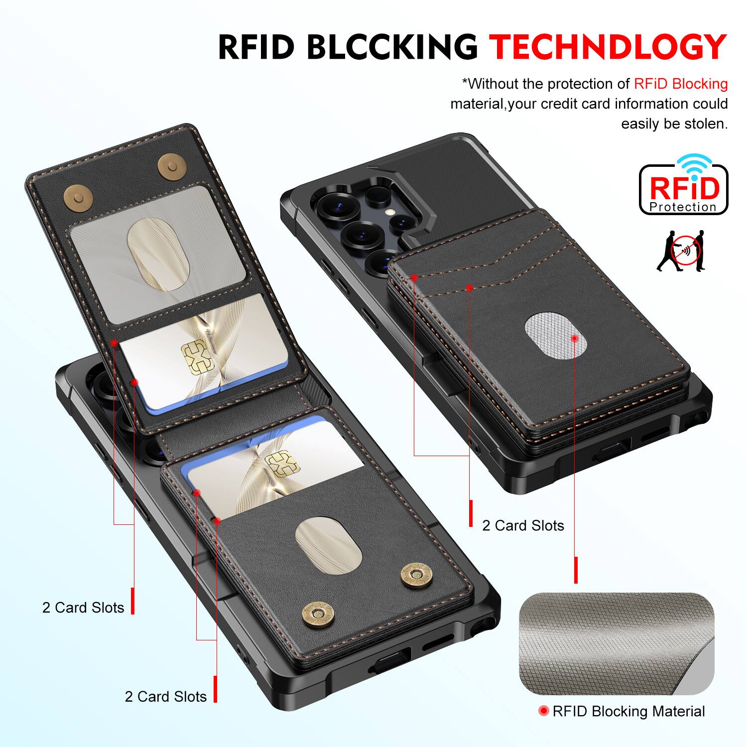 RFID BLOCKING TECHNOLOGY

*Without the protection of RFID Blocking material, your credit card information could easily be stolen.

RFID Protection

2 Card Slots

2 Card Slots

2 Card Slots

RFID Blocking Material