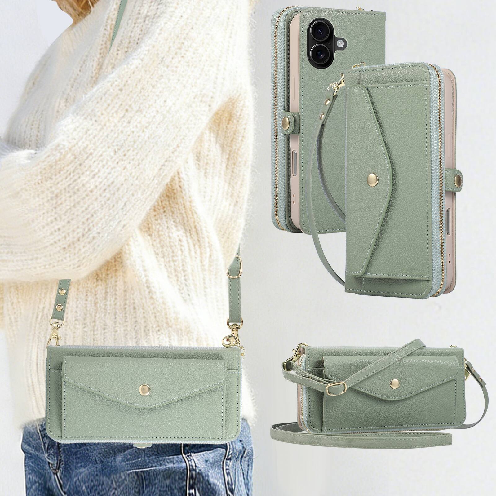 Alt View 5. Dteck - Leather Wallet Phone Case for Apple iPhone 17 with Crossbody Strap, Shockproof Zipper Pocket Mirror Stand Cover - Green.