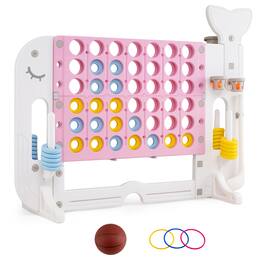 Costway - Jumbo Connect Four Game with Ring-toss Basketball Golf Club & Balls 2 Cups Holders - Pink