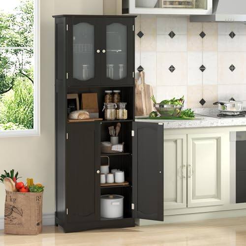 Alt View 6. Ecooso - 64.5 Inches Tall Bathroom Storage Cabinet with Frost Glass Doors and Shelves - Black.