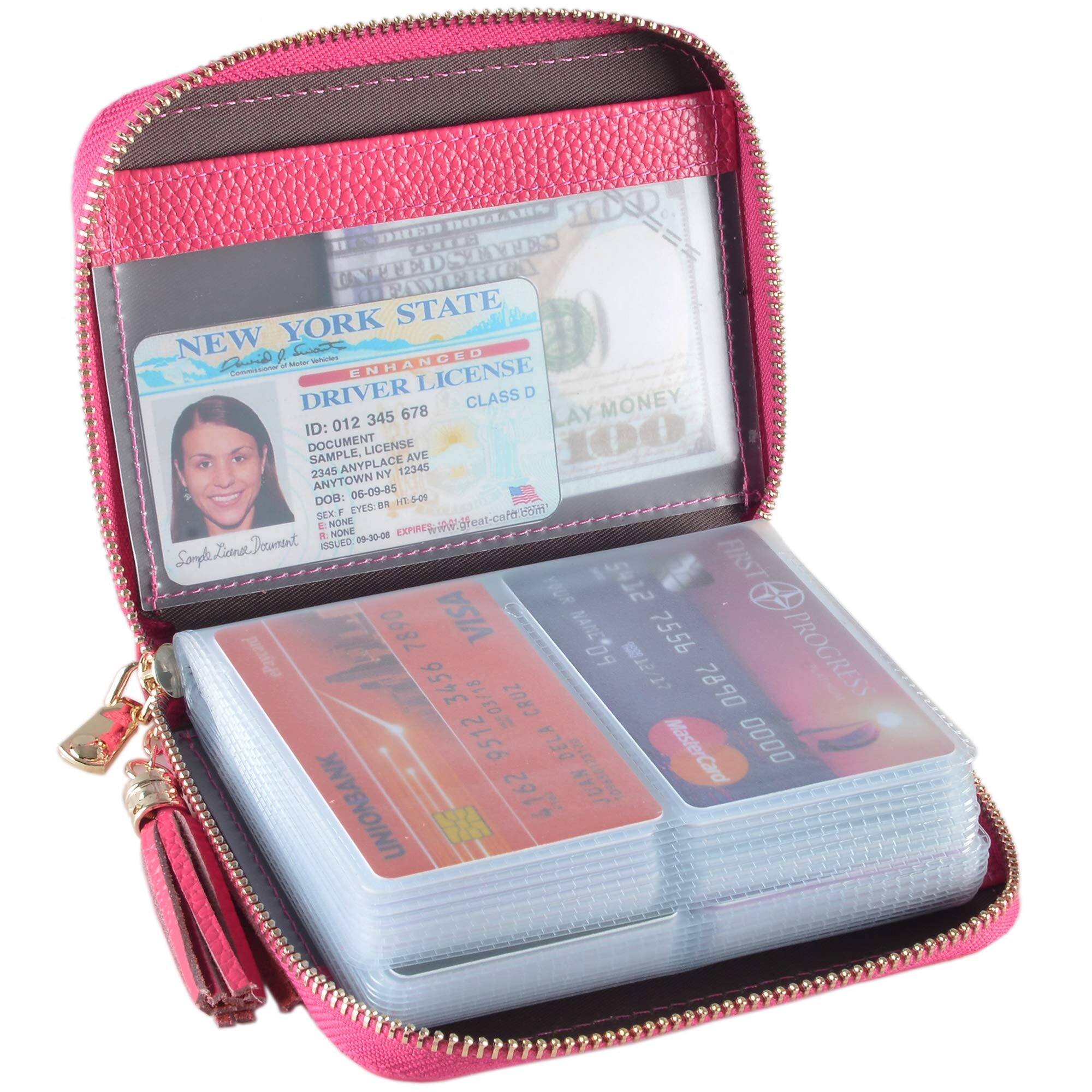 Jadie Link - Womens Credit Card Holder Wallet Zip Leather Case Rfid Blocking black Material Genuine Cowhide Leather PVC card - Rose