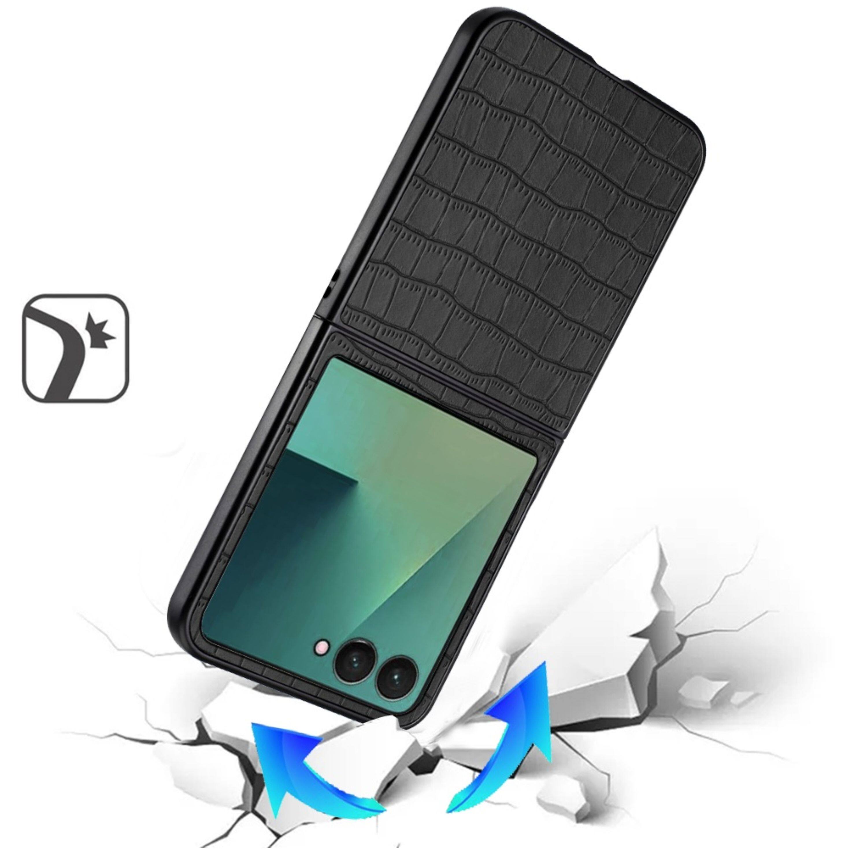 Left. Kitcheniva - Premium Vegan Leather Croc Case With Tempered Glass For Samsung Galaxy Z Flip7 Black - Black.