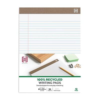 TRU RED  
100% RECYCLED WRITING PADS  
Standard paper for everyday notetaking  
8½" x 11"  
50 LETTER SHEETS  
12 PADS