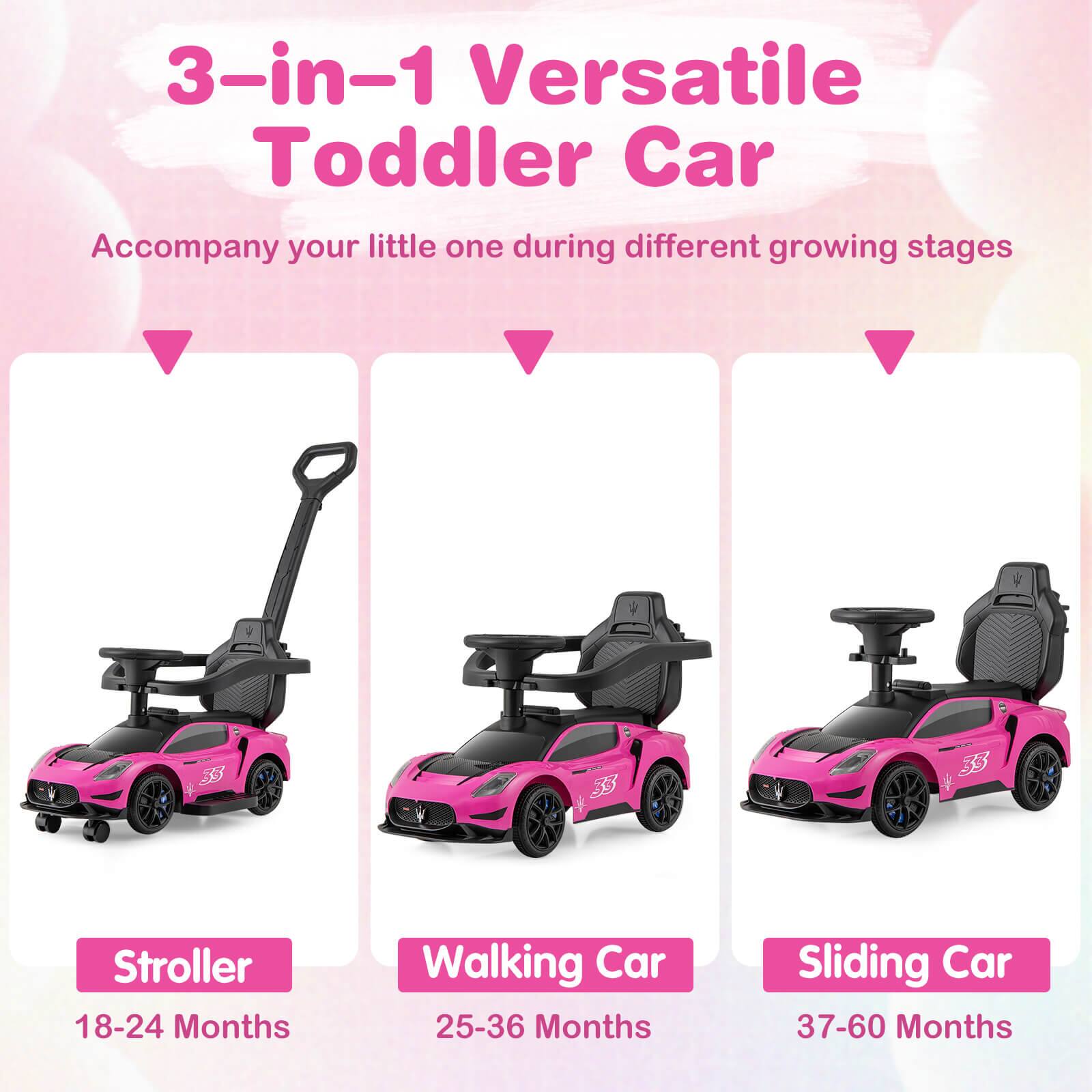 3-in-1 Versatile Toddler Car  
Accompany your little one during different growing stages  

Stroller  
18-24 Months  

Walking Car  
25-36 Months  

Sliding Car  
37-60 Months