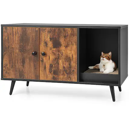 Front. Gymax - Gymax Cat Litter Box Enclosure w/ Cat Litter Catch Indoor Cat Cabinet for Living Room - Black +Natural.