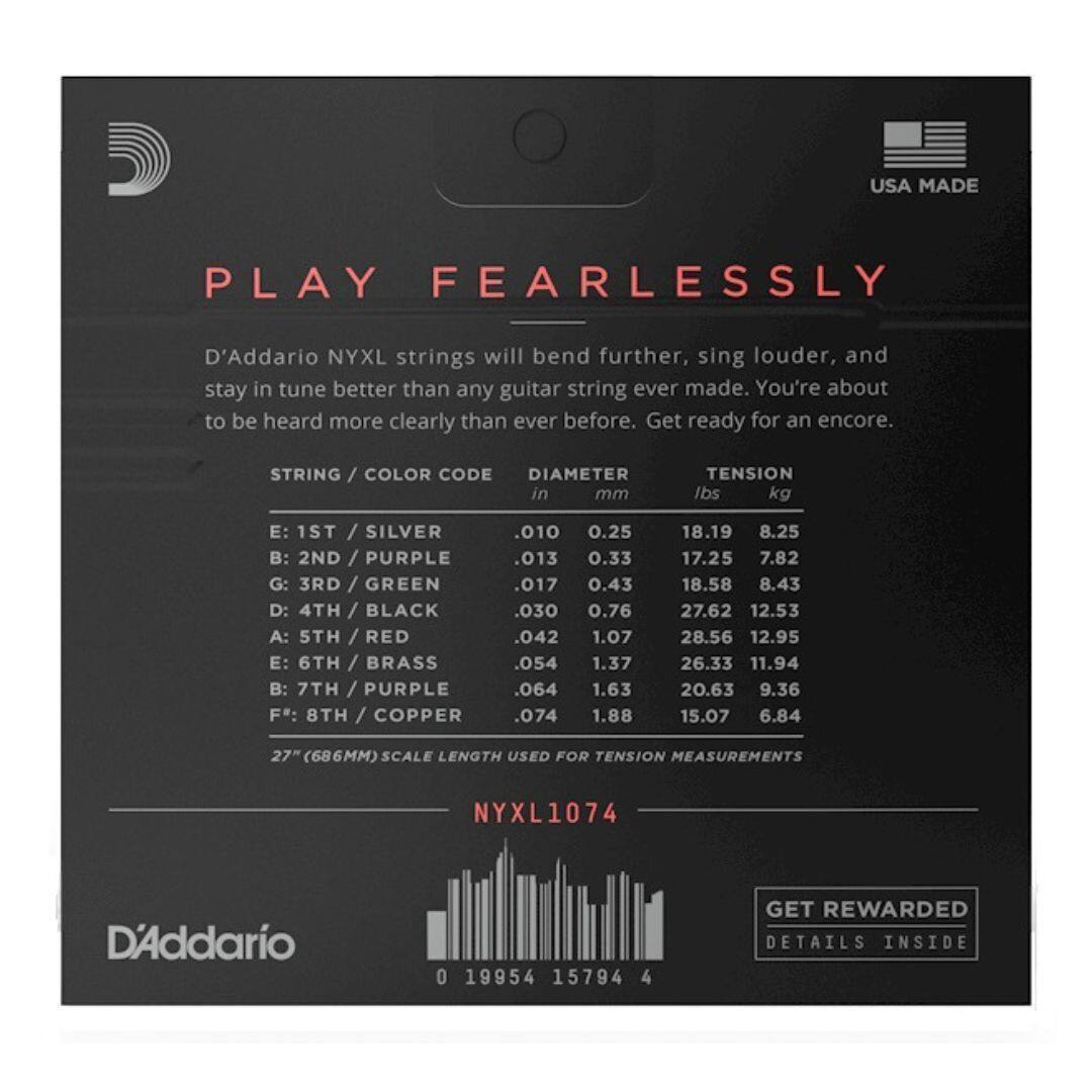 USA MADE

PLAY FEARLESSLY

D'Addario NYXL strings will bend further, sing louder, and stay in tune better than any guitar string ever made. You're about to be heard more clearly than ever before. Get ready for an encore.

STRING / COLOR CODE | DIAMETER in mm | TENSION lbs | kg
E: 1ST / SILVER | .010 | 0.25 | 18.19 | 8.25
B: 2ND / PURPLE | .013 | 0.33 | 17.25 | 7.82
G: 3RD / GREEN | .017 | 0.43 | 18.58 | 8.43
D: 4TH / BLACK | .030 | 0.76 | 27.62 | 12.53
A: 5TH / RED | .042 | 1.07 | 28.56 | 12.95
E: 6TH / BRASS | .054 | 1.37 | 2