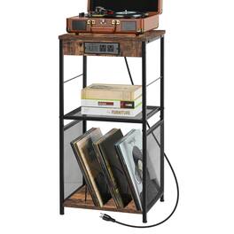Oumilen - Vinyl Record Player Stand with Charging Station & Storage Shelves - Brown