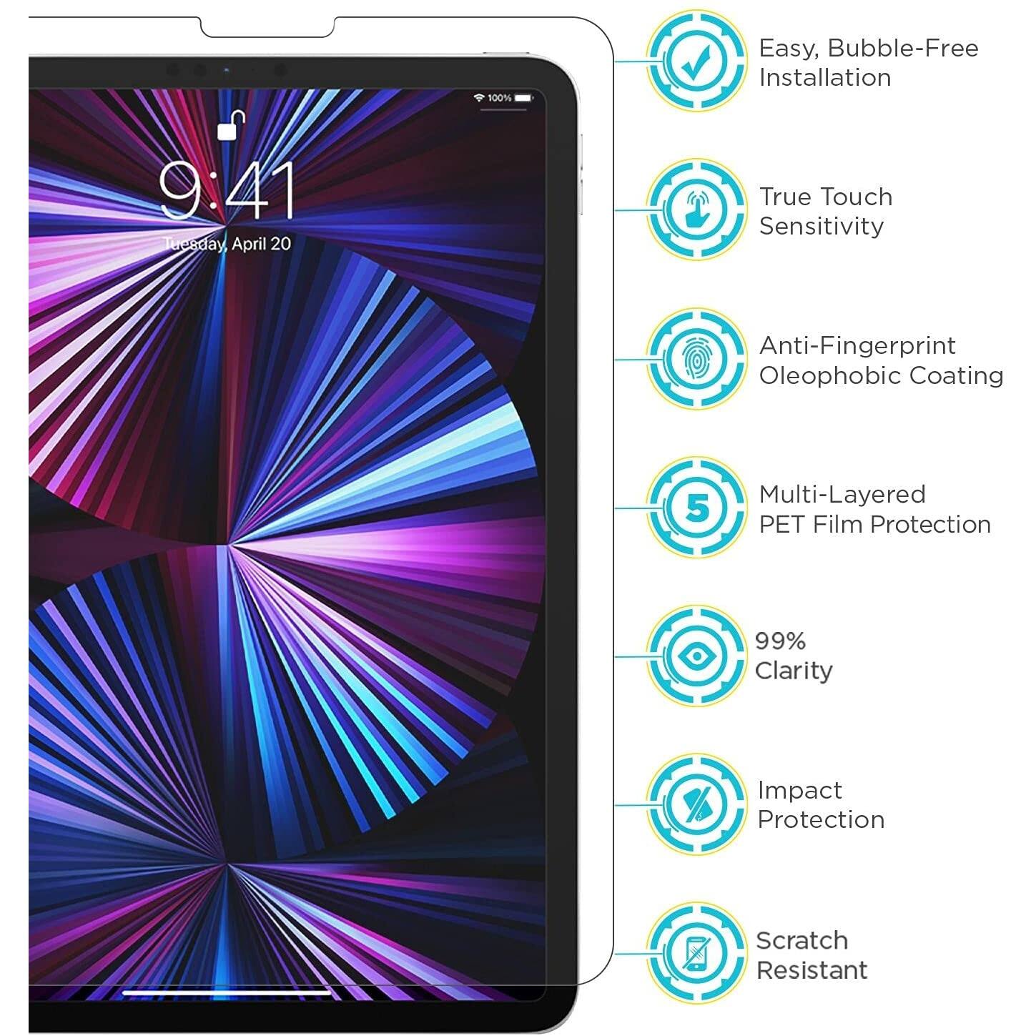 100% Easy, Bubble-Free Installation 9:41 Teceday April 20 True Touch Sensitivity Anti-Fingerprint Oleophobic Coating 5 Multi-Layered PET Film Protection 99% Clarity Impact Protection Scratch Resistant