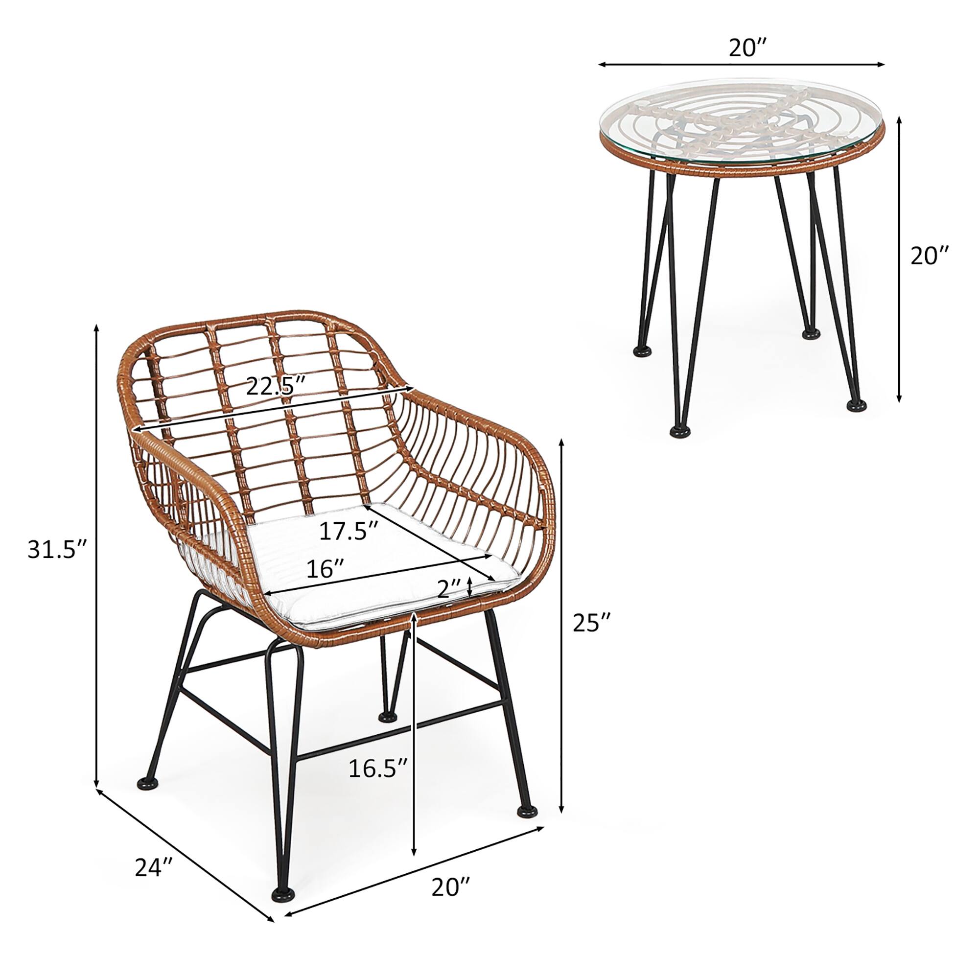 The text on the image reads: "20" 20" 22.5" 31.5" 17.5" 16" 2"t 25" 16.5" 24" 20". This text is describing the dimensions of the chair and the table. The chair has a height of 20 inches, while the table has a height of 20 inches as well. The table also has a diameter of 22.5 inches. The chair has a width of 31.5 inches, and the table has a width of 17.5 inches. The chair has a depth of 16 inches, and the table has a depth of 16.5 inches. The table also has a top diameter of 24 inches, and the chair has a top diameter of 20 inches.