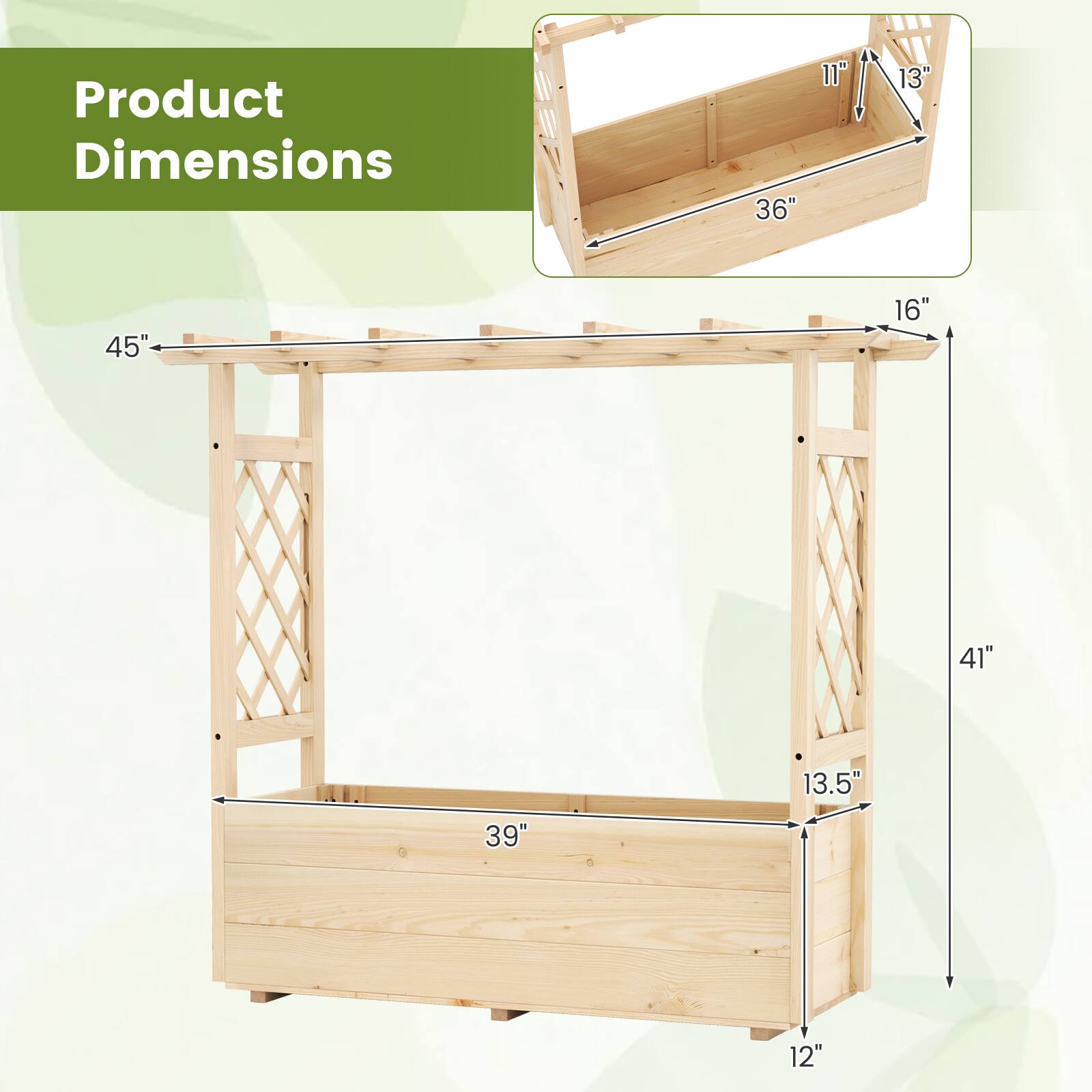 Product Dimensions

- Length: 45"
- Width: 36"
- Height: 41"
- Shelf Dimensions: 39" x 13.5"
- Shelf Height: 12"
- Shelf Depth: 16"
- Shelf Width: 11"