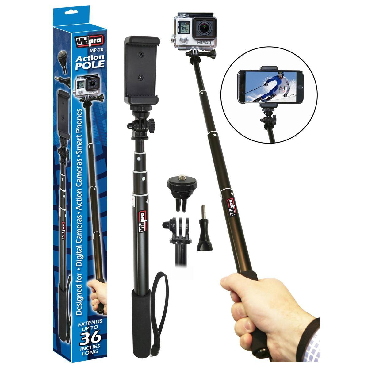 Vid pro MP-20 Action POLE H + Z : Phones Smart Cameras Action . Cameras Digital for Designed EXTENDS UP TO 36 INCHES LONG