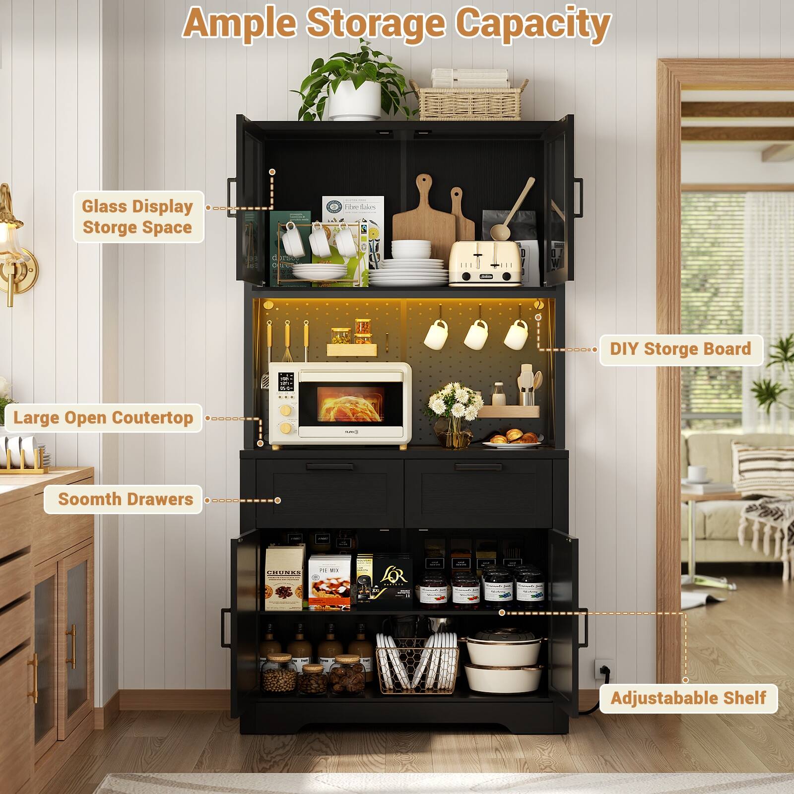 Ample Storage Capacity

- Glass Display Storage Space
- Large Open Countertop
- Smooth Drawers
- DIY Storage Board
- Adjustable Shelf