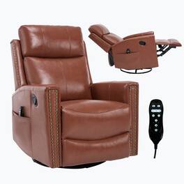 LUCKY ONE - Genuine Leather Manual Recliner Chair with 360° Swivel, Rocker, Heat Massage - Light Red