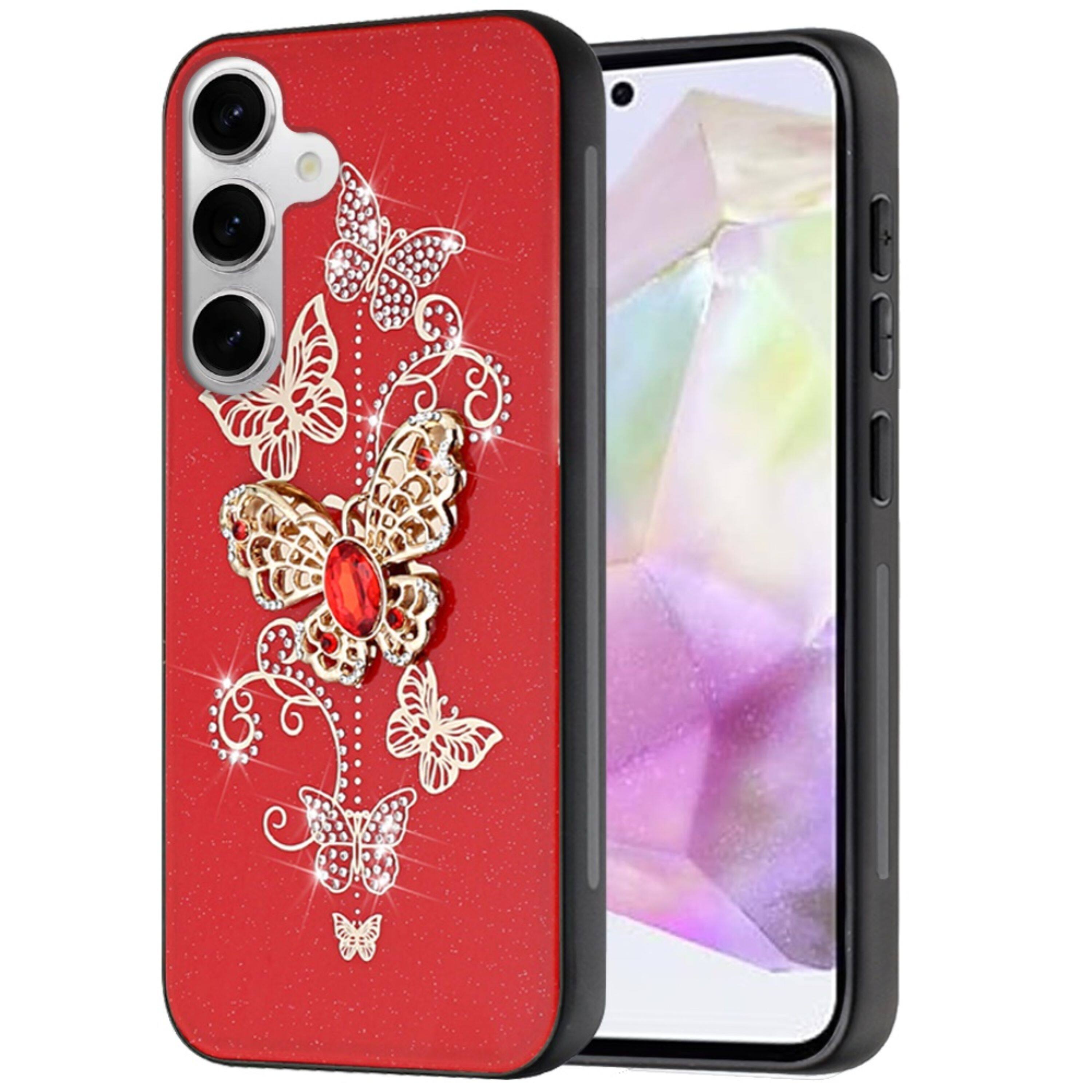 Angle. Kitcheniva - Rhinestone Bling Decor Glitter Cover Plus Tempered Glass For Samsung A36/A56 Garden Butterflies Red - Red.