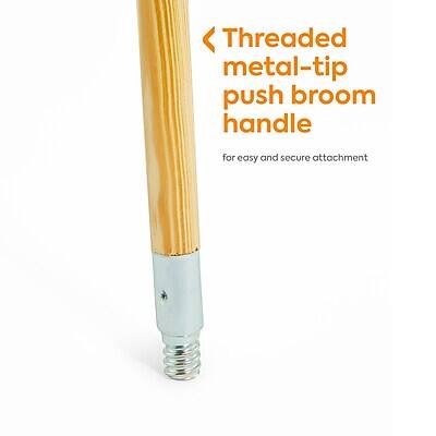 Threaded metal-tip push broom handle for easy and secure attachment