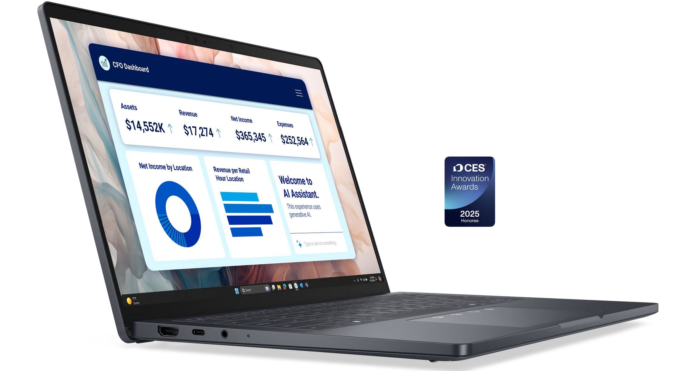 CFO Dashboard  
Assets: $14,552K  
Revenue: $17,274  
Net Income: $365,345  
Expenses: $252,564  

Net Income by Location  
Revenue per Retail Hour  
Location  

Welcome to AI Assistant.  
This experience uses generative AI.  

CES Innovation Awards 2025 Honoree