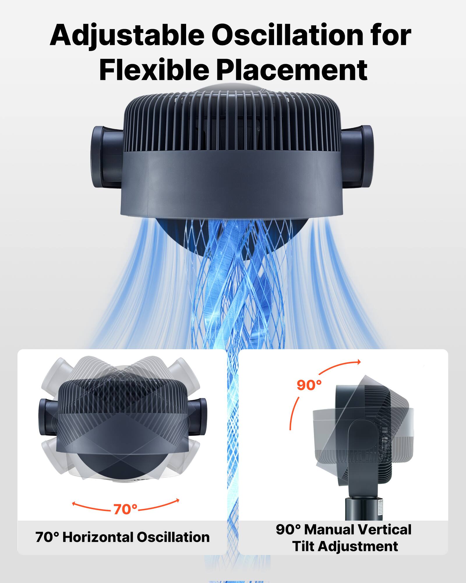 Adjustable Oscillation for Flexible Placement

- 70° Horizontal Oscillation
- 90° Manual Vertical Tilt Adjustment