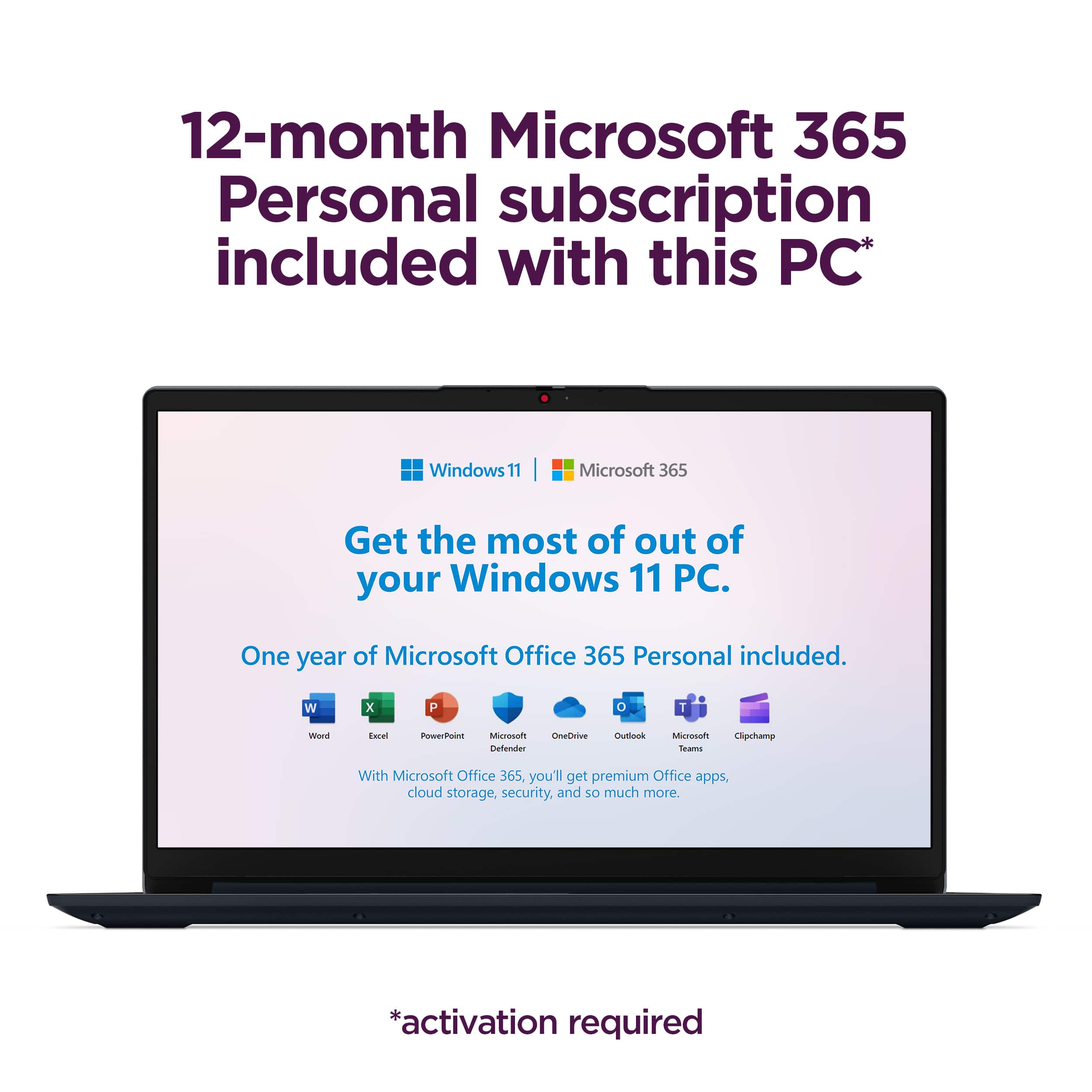 "12-month Microsoft 365 Personal subscription included with this PC. Windows 11 | Microsoft 365. Get the most out of your Windows 11 PC. One year of Microsoft Office 365 Personal included. With Microsoft Office 365, you'll get premium Office apps, cloud storage, security, and so much more. *activation required."