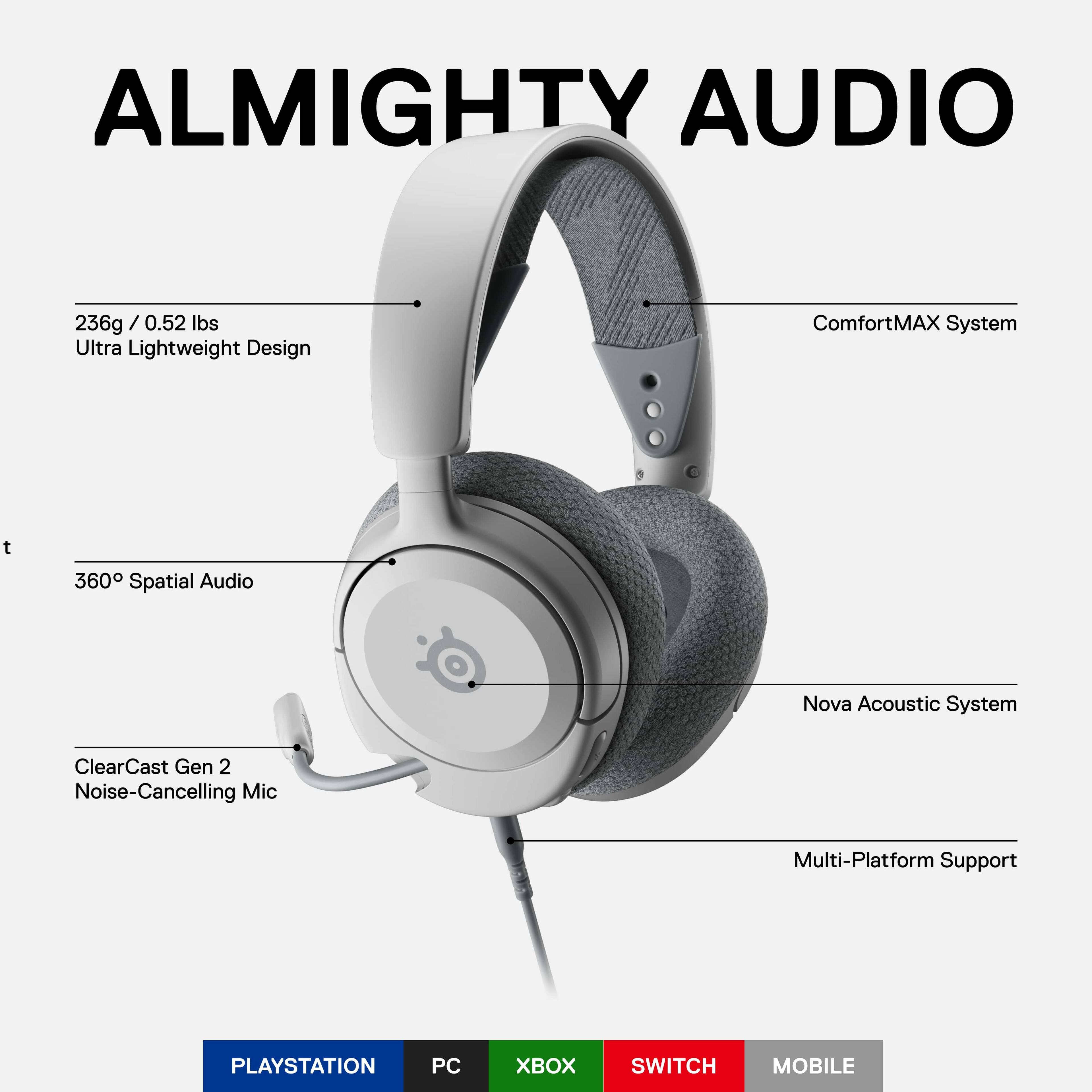 ALMIGHTY AUDIO 236g / 0.52 / 0.52 lbs Ultra Lightweight Design ComfortMAX System t 360 Spatial Audio Nova Acoustic System ClearCast Gen 2 Noise-Cancelling Mic Multi-Platform Support PLAYSTATION PC XBOX SWITCH MOBILE