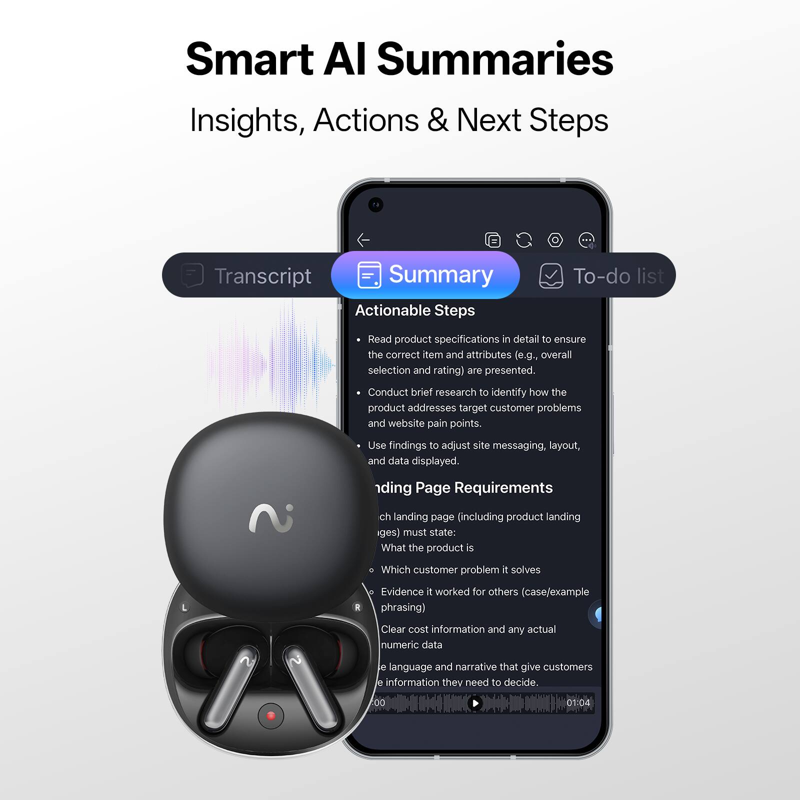 Smart AI Summaries  
Insights, Actions & Next Steps  

Transcript Summary  
Actionable Steps  
To-do list  

Read product specifications in detail to ensure the correct item and attributes (e.g., overall selection and rating) are presented.  
Conduct brief research to identify how the product addresses target customer problems and website pain points.  
Use findings to adjust site messaging, layout, and data displayed.  

Landing Page Requirements  
ch landing page (including product landing pages) must state:  
- What the product is  
- Which customer problem it solves  
- Evidence it worked for others (case/example phrasing)  
- Clear cost information and any actual numeric data  
- Language and narrative that give customers the information they need to decide.  

00 01:04