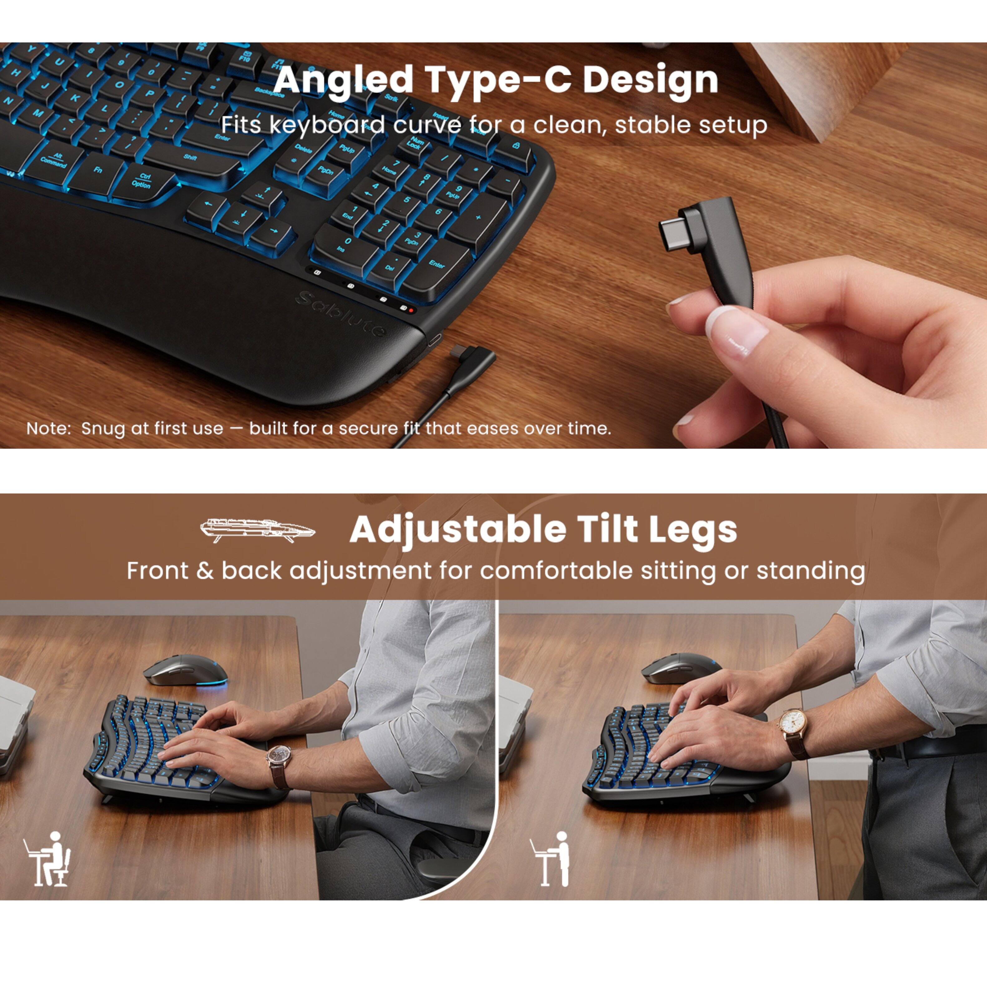 Angled Type-C Design  
Fits keyboard curve for a clean, stable setup  

Note: Snug at first use – built for a secure fit that eases over time.  

Adjustable Tilt Legs  
Front & back adjustment for comfortable sitting or standing