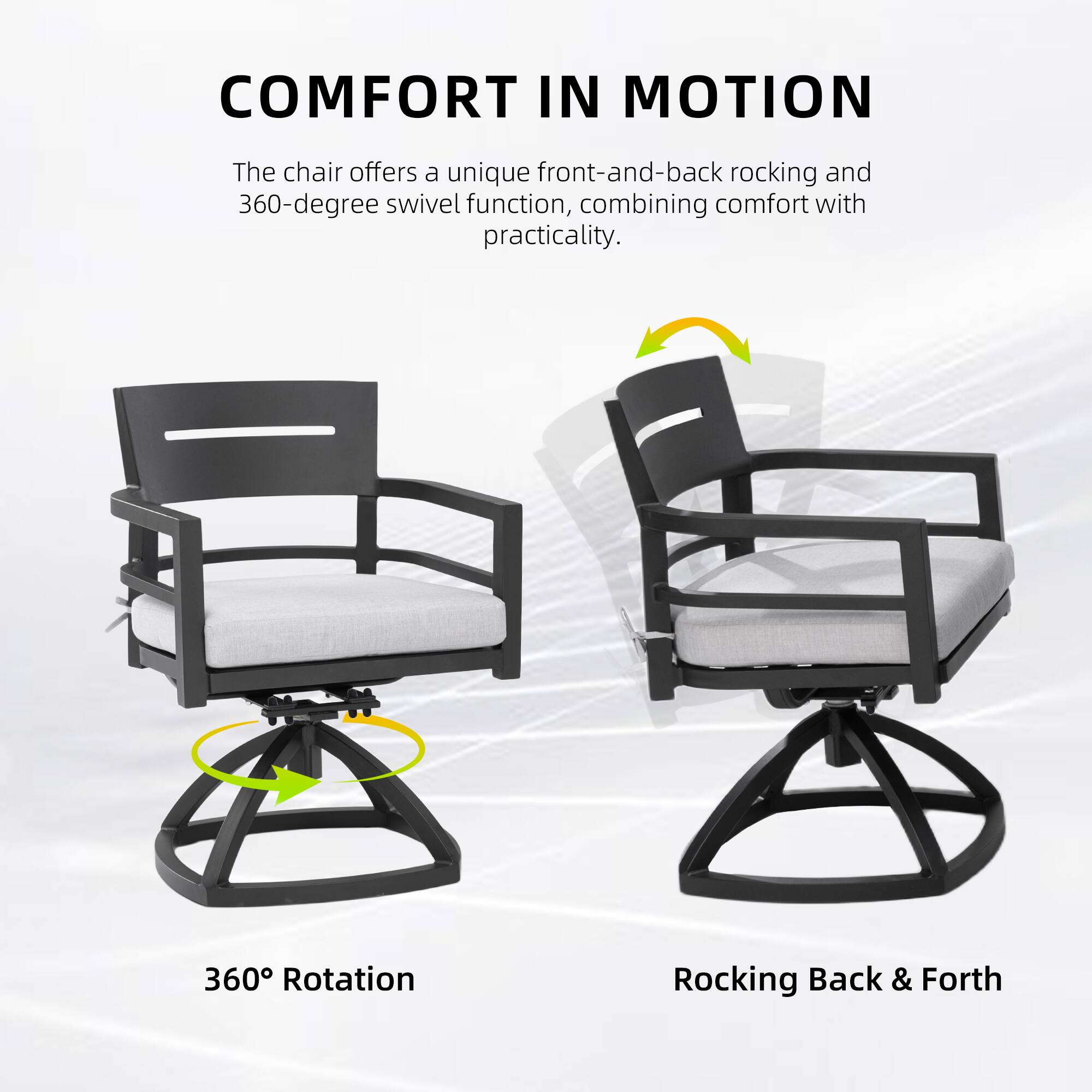 COMFORT IN MOTION

The chair offers a unique front-and-back rocking and 360-degree swivel function, combining comfort with practicality.

360° Rotation
Rocking Back & Forth