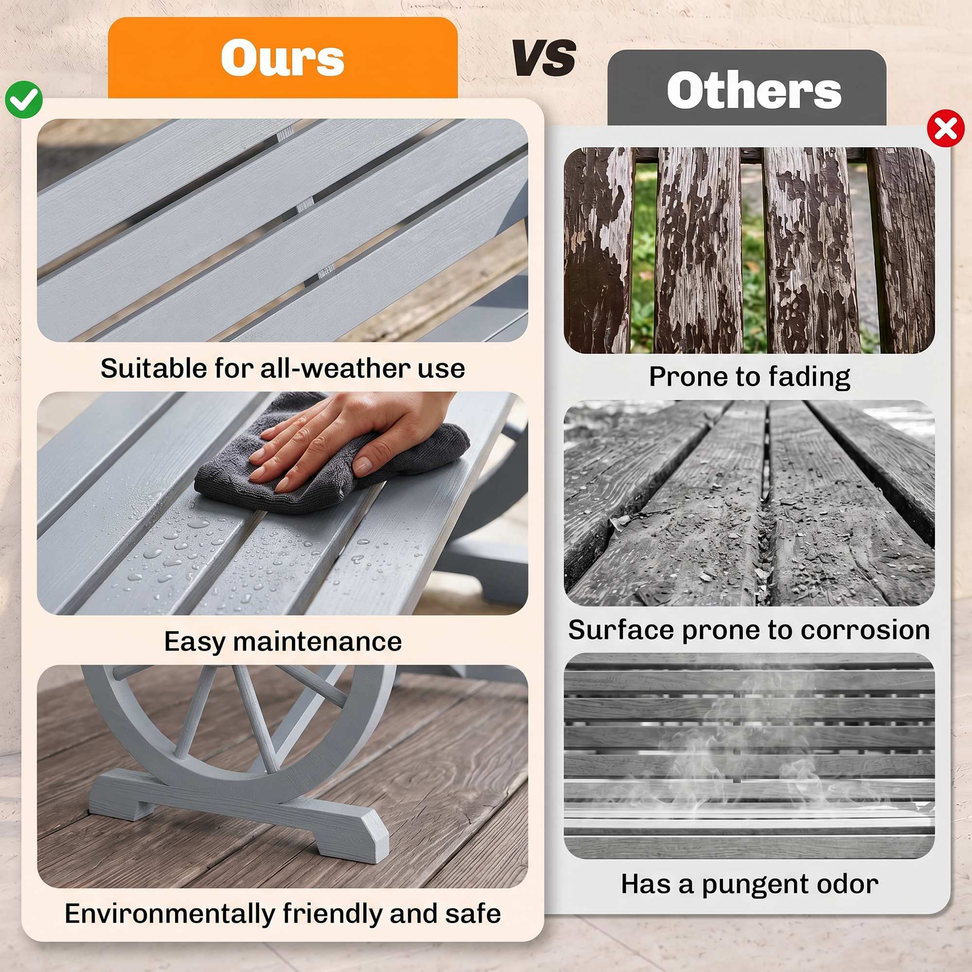 Ours  
VS  
Others

- Suitable for all-weather use
- Easy maintenance
- Environmentally friendly and safe

- Prone to fading
- Surface prone to corrosion
- Has a pungent odor