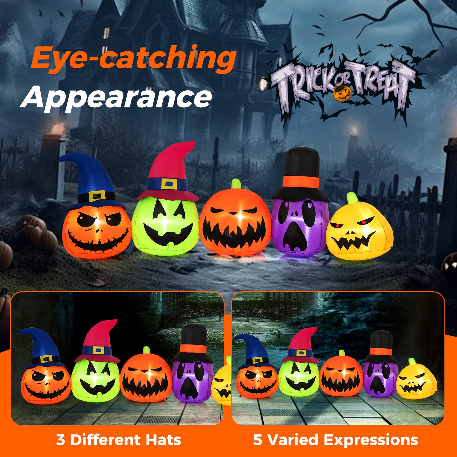 Eye-catching Trick or Treat Appearance: 3 Different Hats, 5 Varied Expressions