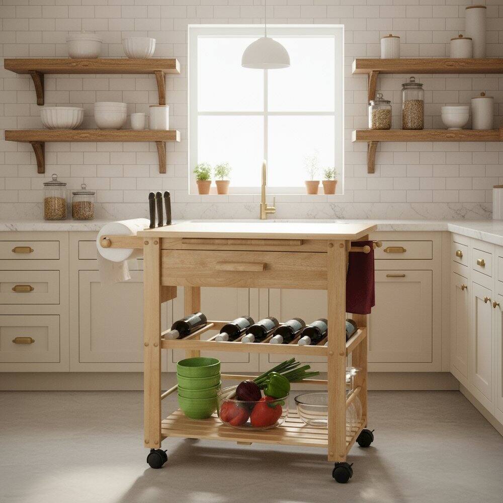Alt View 1. FurniFact - Solid Wood Mobile Utility Cart - Natural.