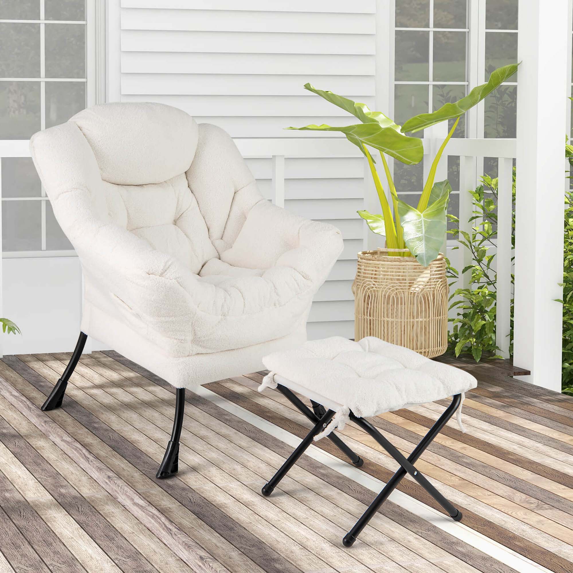 Angle. Costway - Lazy Leisure Armchair with Folding Footrest and Storage Pocket - Beige.