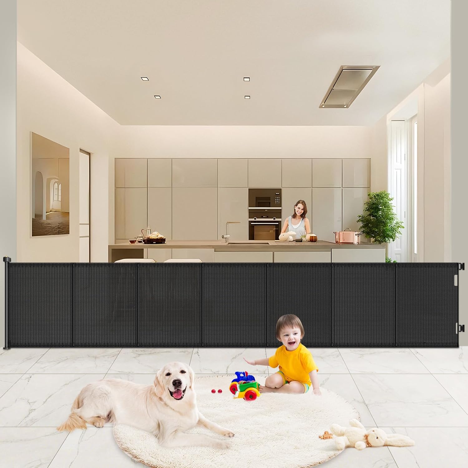Pawtners - 41" Tall Extra Wide Retractable Baby & Pet Gate, Expands to 120" for Indoor & Outdoor Stairs and Doorways - Black