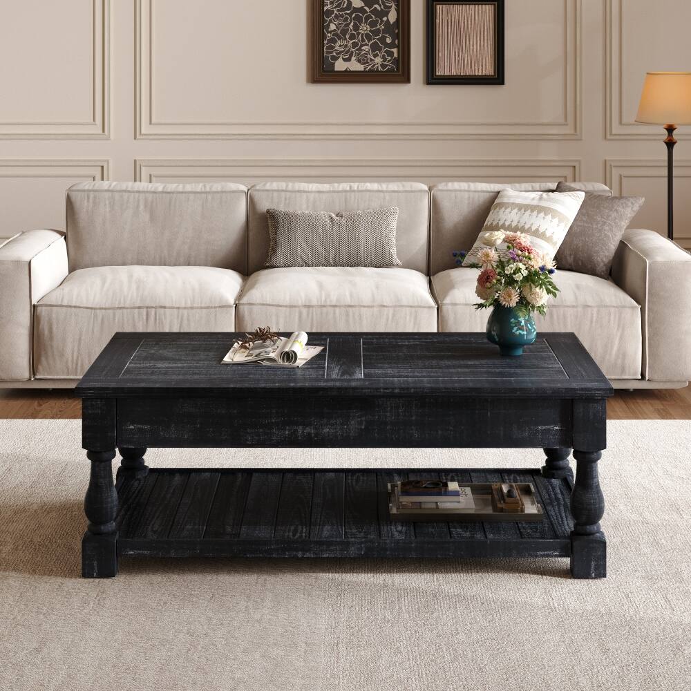 Left. Loheer - Loheer Farmhouse Lift Top Coffee Table Antique Black Solid Wood - Antique Black.