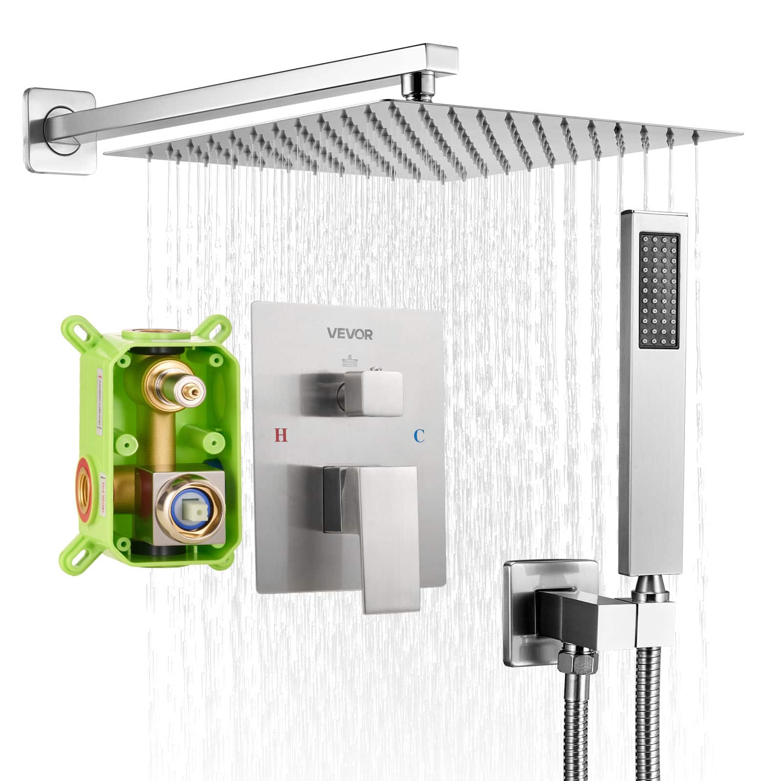 Front. VEVOR - Shower Faucet Set, Rainfall Bathroom Shower System with 12-Inch Square Rain Shower Head and Handheld Spray - Brushed Nickel.