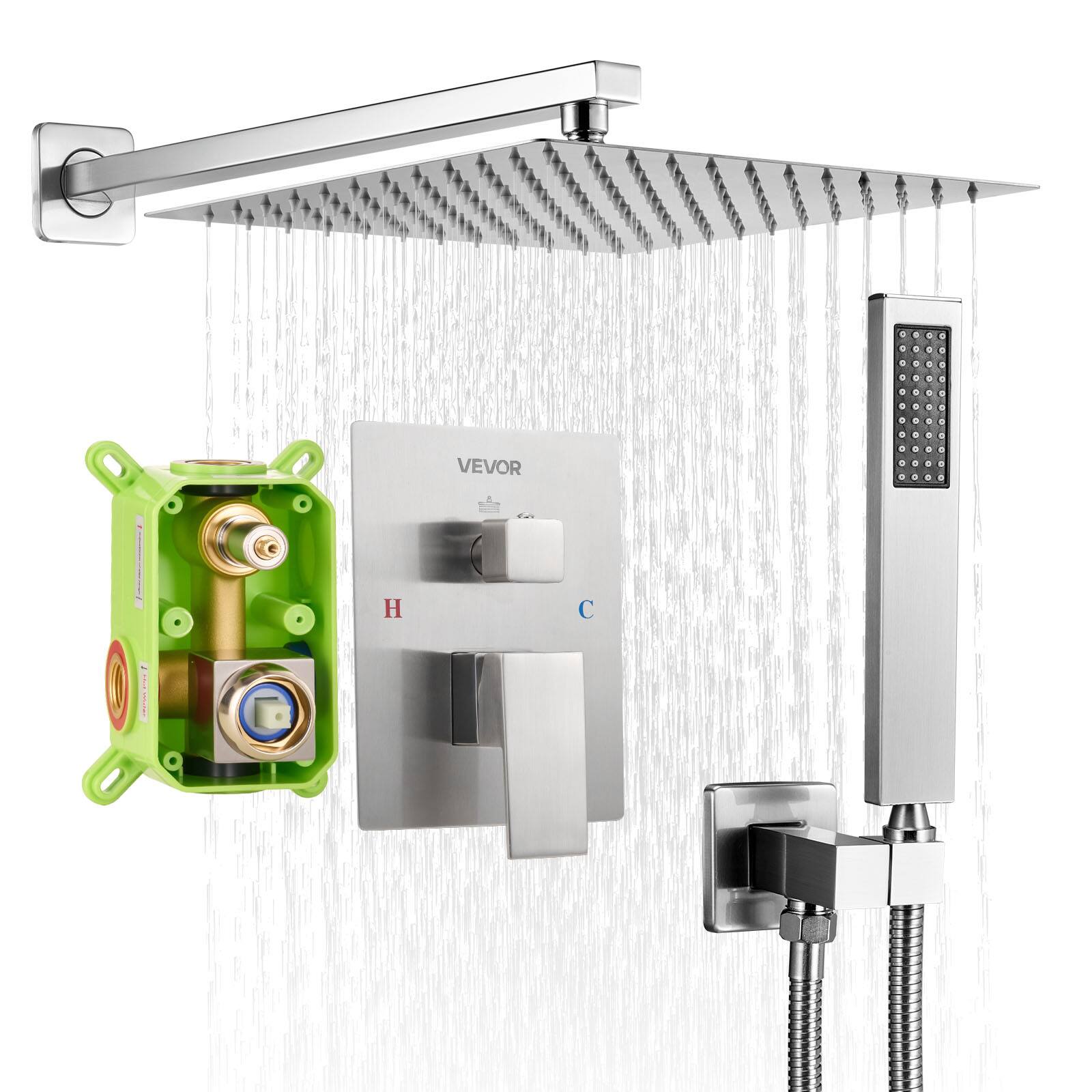 VEVOR - Shower Faucet Set, Rainfall Bathroom Shower System with 12-Inch Square Rain Shower Head and Handheld Spray - Brushed Nickel